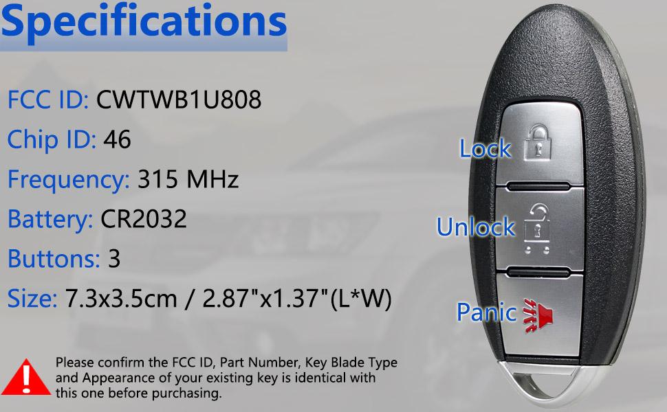 Keyless Entry Remote Control Car Key Fob Replacement Compatible with Nissan Quest Juke Cube Leaf 2011 2012 2013 2014 2015 2016 2017, 315MHz ID46 Chip 3 Button for CWTWB1U808