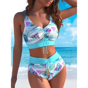 Women's 2026 Fashion High-Waist Botanical Print Bikini Beach Swimsuit Set, Sports & Outdoor Swimwear