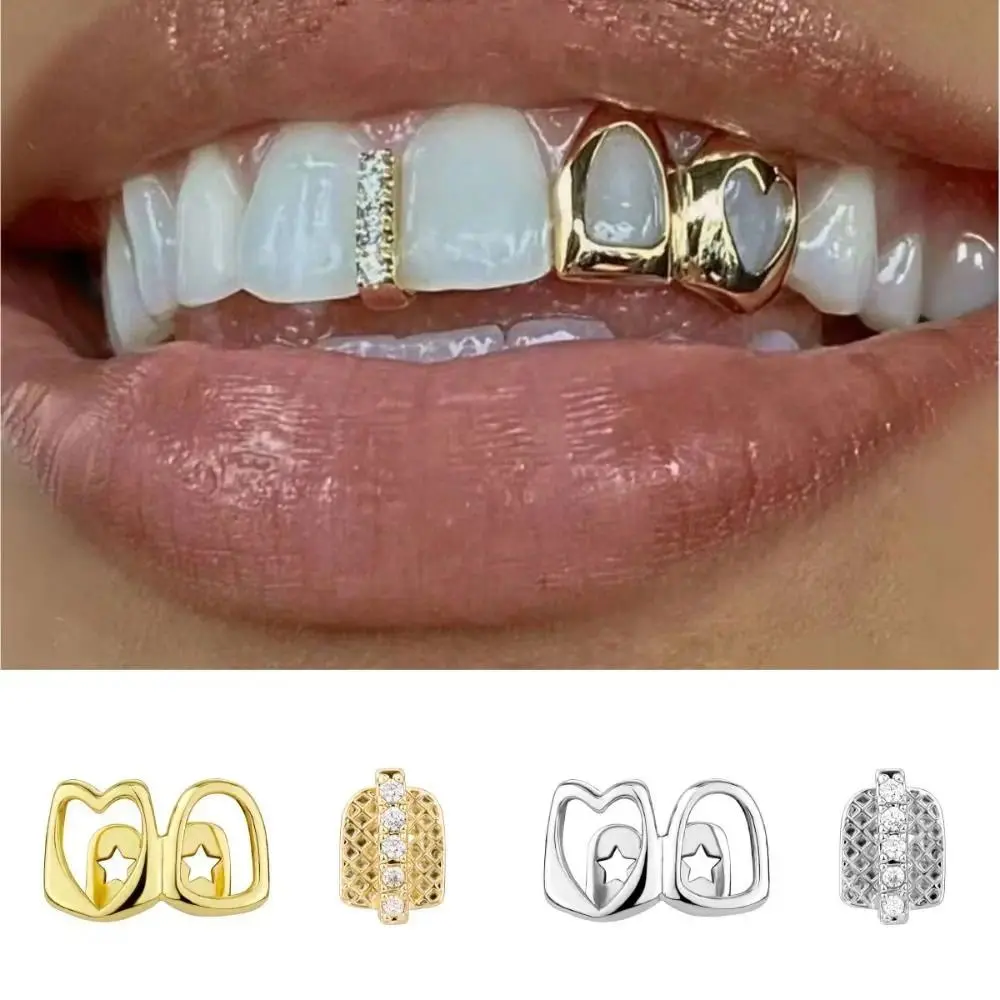 1/2pcs Hip Hop Hollow Heart Tooth Grillz Gold Color Zircon Dental Grills Rhinestone Tooth Caps Wearable Tooth Jewelry Women Men