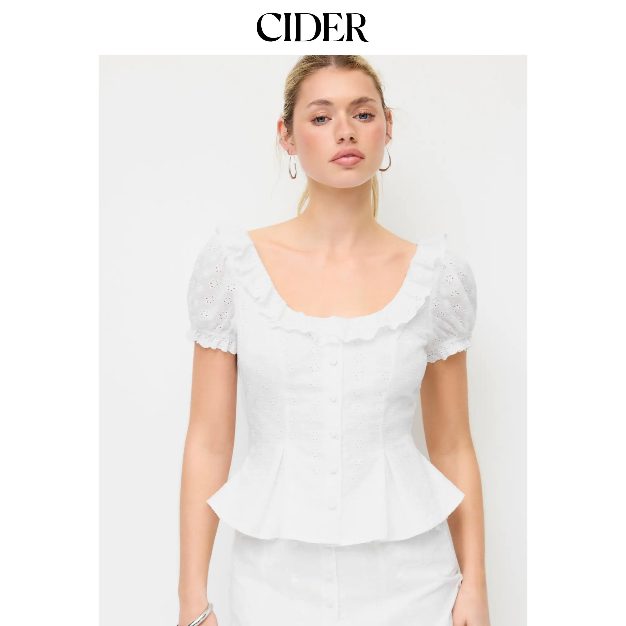 Cider Jacquard Ruffled Scoop Neck Puff Sleeve Peplum Blouse