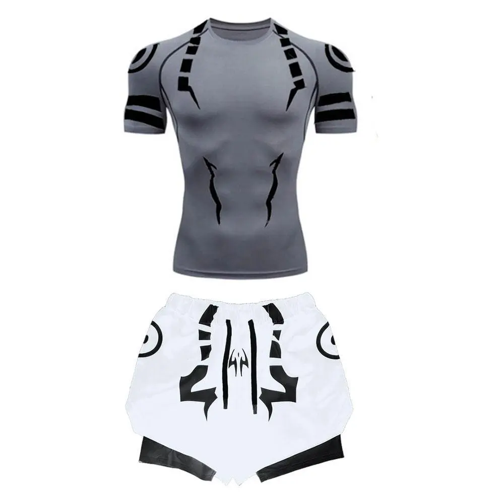 Men's Anime Jujutsu Kaisen 2-Piece Compression Set, Quick-Dry 3D Compression Shirt + Gym Shorts, Activewear Workout Set, Athletic Fashion Activewear for Running Gym Fitness