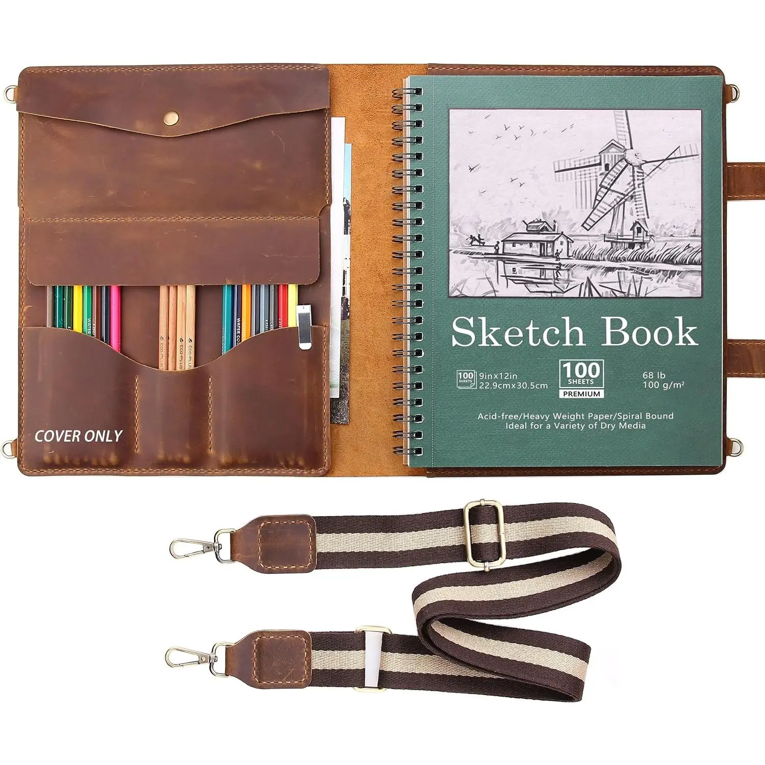 Leather Sketchbook Cover, Artist Sketch Pad Holder for 9"X12" Sketchbook, Drawing Book and Pencil Case, Journal Notebook Portfolio with  Strap, Artist Gifts, Brown