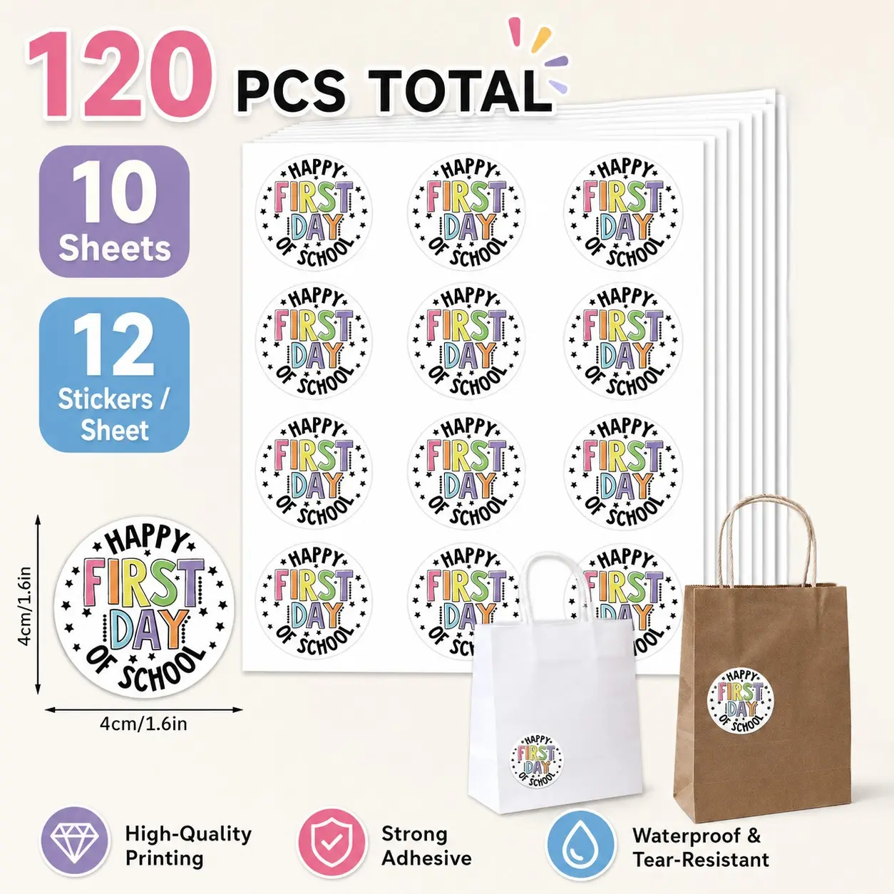 120 Pcs First Day of School Stickers – Round back-to-school labels with colorful stars and fireworks. Perfect for students, teachers, classrooms, reward charts, gift wrapping, school supplies, party favors and classroom decorations.