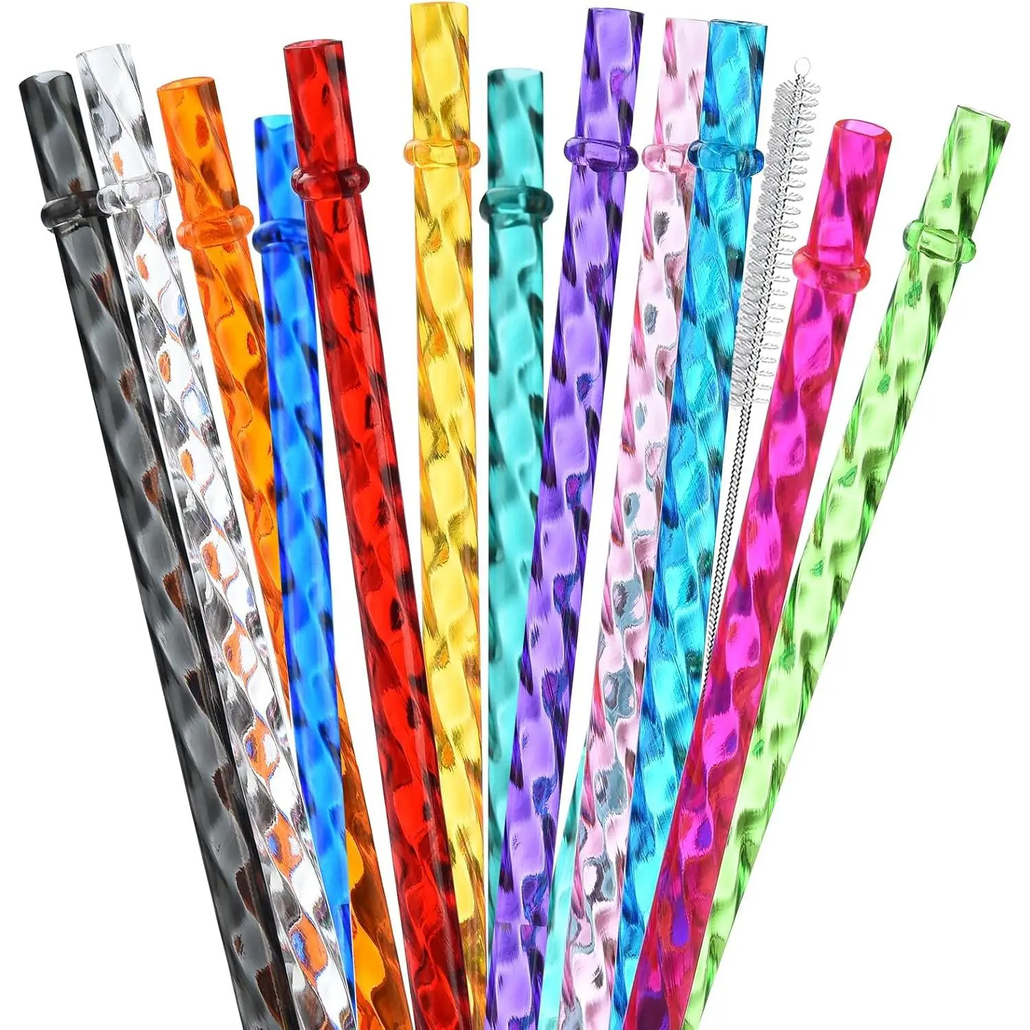12-Pack  Plastic Clear Swirl Straws, 11" Long Hard Tumbler  Drinking Straws for 16 OZ 20 OZ 30 OZ , ,  Tumblers with Cleaning Brush
