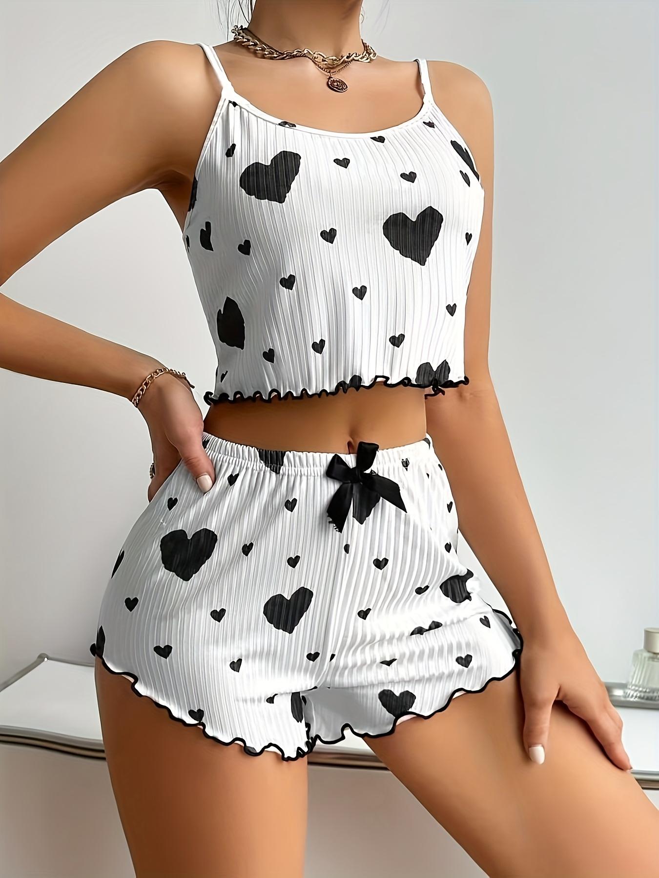 Casual Sleepwear Sets, Heart-Shaped Printed, Spaghetti Strap, Ruffle, Short Sets, Polyester 95% Elastane 5%, 180g/m², for Valentine'S Day Gift,  All-Season