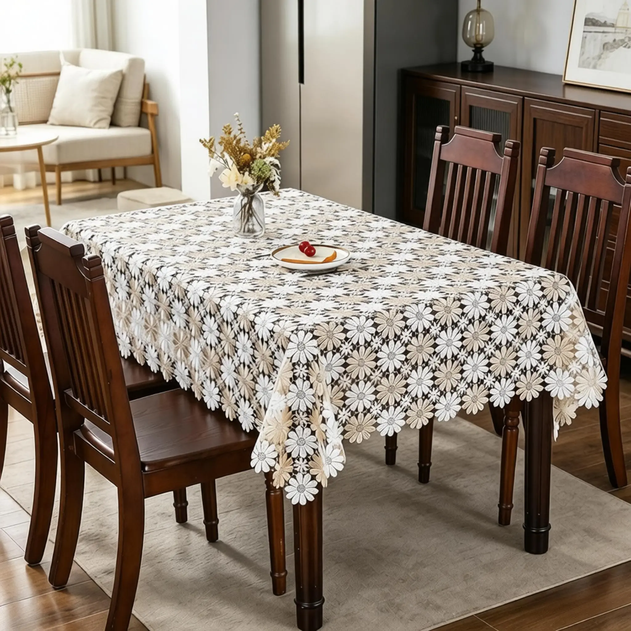 Dual Color Daisy Embroidered Lace Tablecloth, Durable and Easy to Clean, Ideal for Parties, Living Room, Restaurant, Cafe, Table Setting, Multiple Sizes Available