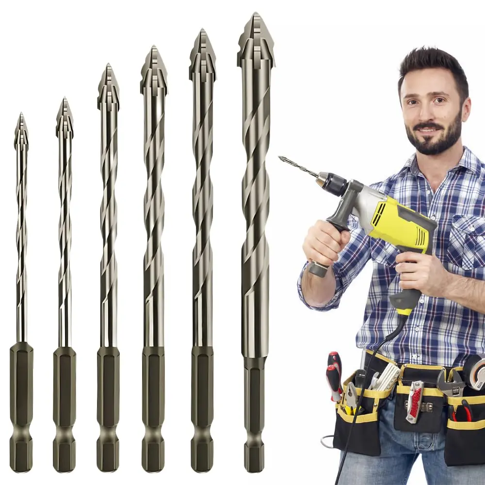 6PCS Four-Flute Sawtooth Eccentric Drill Bit, High-Strength Eccentric Twist Drill Bit, Hexagonal Shank Heavy-Duty Carbide Tip,  Wood/Marble/Metal/Concrete/Wall Tiles(4/5/6/8/10/12mm)