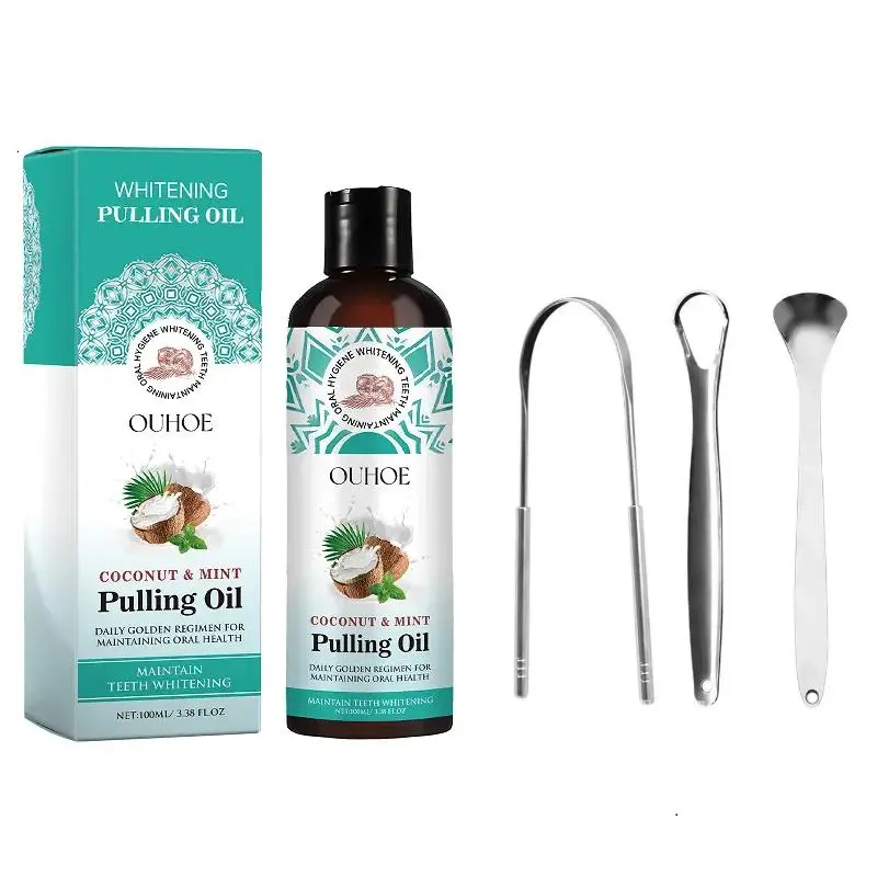 Coconut Oil Pulling Mouthwash Set, 4 Counts/set Including 1 Count Mouthwash & 3 Counts Tongue Scraper, Oral Care Product for Men & Women