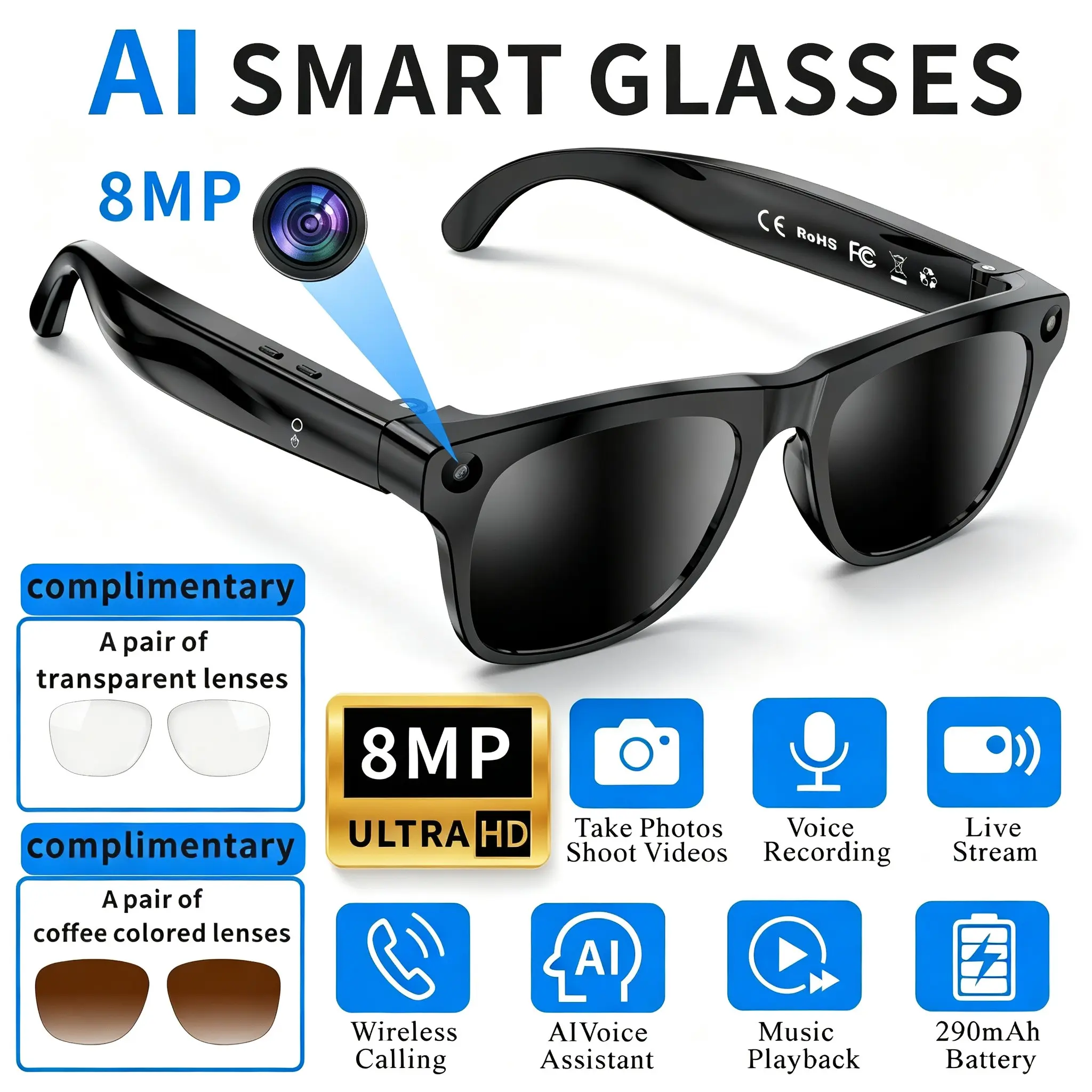 Camera glasses, 8MP high-definition camera, shooting and recording life, with audio glasses, headphone function, listening to music, answering calls, supporting language translation, tri color lens set, outdoor sports, business work, ideal gift for lovers