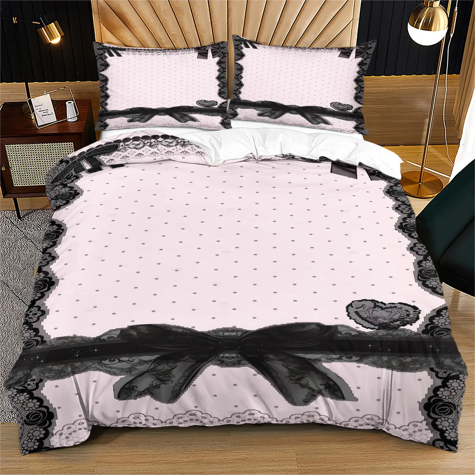 Lace polka dot print pattern duvet cover set, including 1 duvet cover and 1 or 2 pillowcases, without a core or pillow, suitable for bedroom or dormitory bedding set, suitable for gift giving or personal use