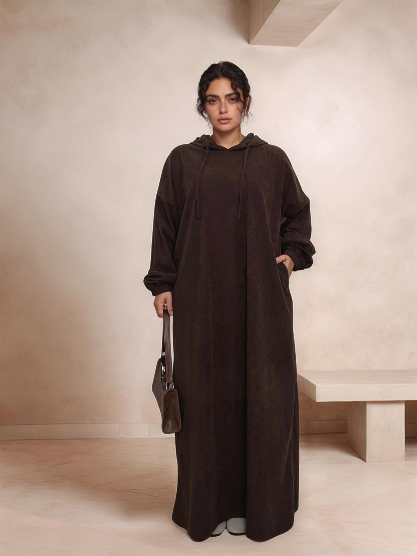 Women's Solid Drawstring Hooded Corduroy Dress, Casual Long Sleeve Dress for Fall & Winter, Women's Islamic Clothing for Daily Wear, Modest Muslim Outfits