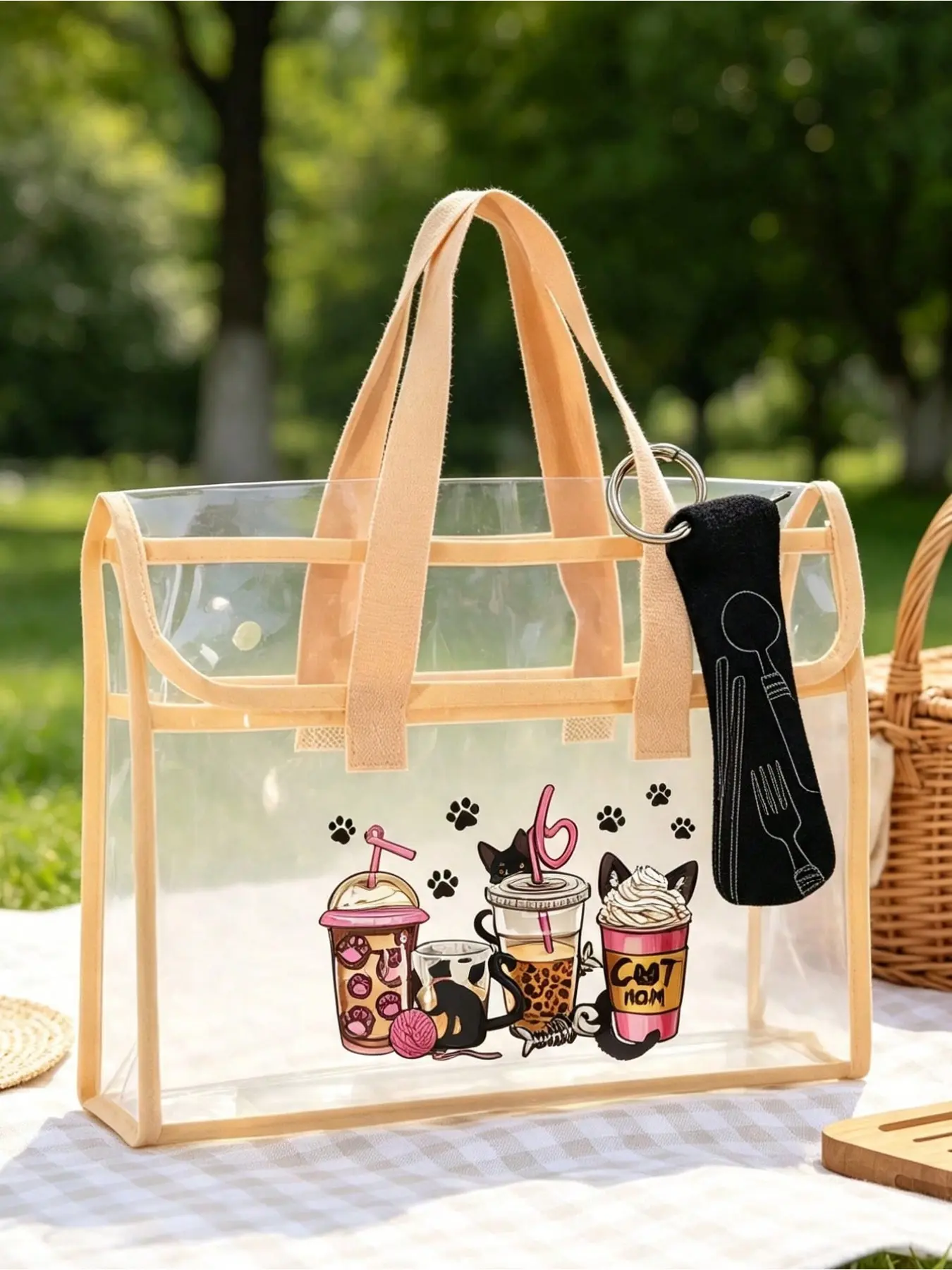 Large‑Capacity Clear PVC Lunch Bag with Cat Milk Tea Print, Foldable Multi‑Function Bento Tote with Cutlery Pouch, Durable Handle for Hot Cold Food, for Camping Picnic School Office, Gift for Teacher Friend Back‑to‑School