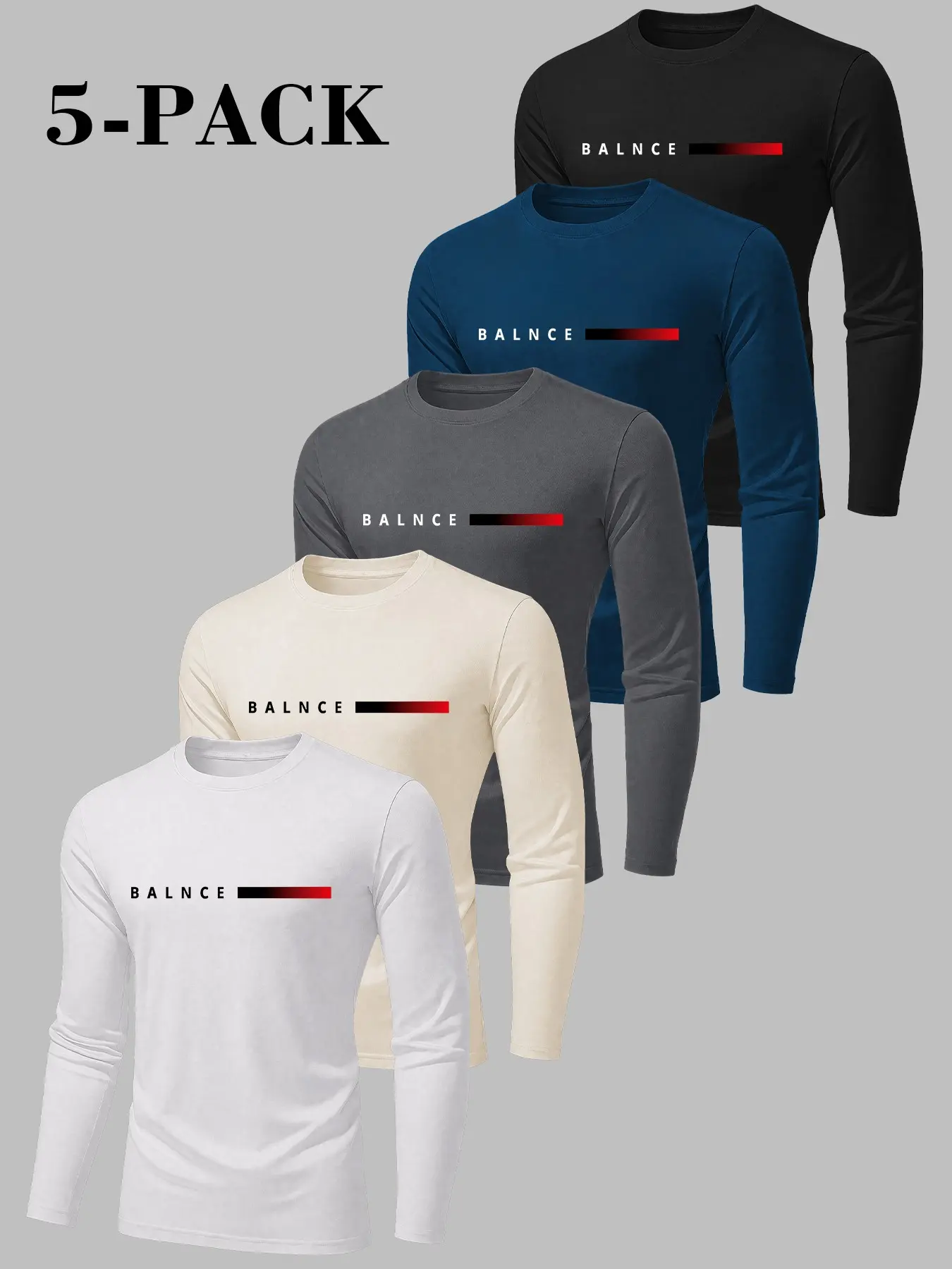 5 Pack Men Basic Long Sleeve Base Tee, Minimal BALNCE Letter Gradient Red Black Strip Chest Print, Crew Neck Slim Elastic Solid Long Sleeve Top