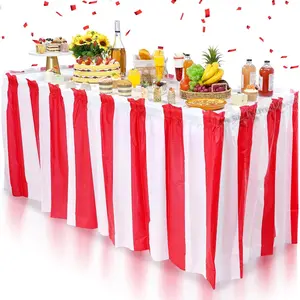 3 Pack 2.4 x 14 Ft Red and White Striped Disposable Table Skirt for Carnival Circus Themed Party Concession Stand Party Decorations Supplies