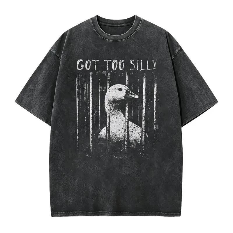 Got Too Silly Goose In Jail Graphic Tee Vintage Wash Acid Wash Heavyweight Premium Cotton Tshirt Front Print Funny Animal Meme Letter T Shirt Women Short Sleeve Crewneck Top Best Gift Men Loose Casual Top Oversized