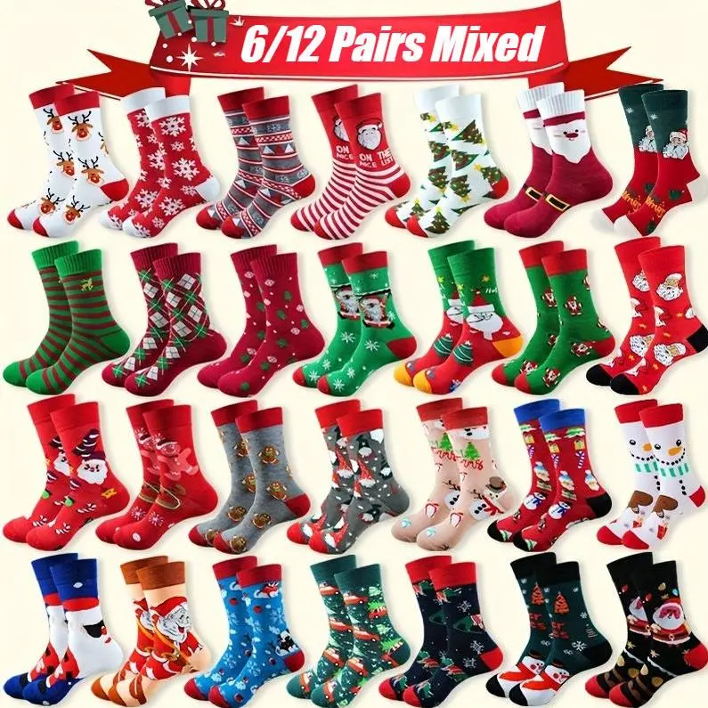 6/12Pairs Random Christmas Stockings Fun Elk Snowflake Santa Claus Christmas Tree Gingerbread Reindeer Thermal Socks Cartoon Pattern Christmas Gift Same for Men and Women