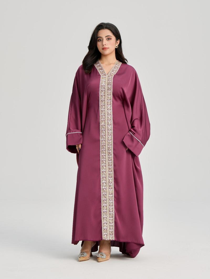 Women's Lace Embellishment V Neck Abaya, Modest Long Sleeve Maxi Dress for Party Wedding Guest, Ladies Islamic Clothing for All Seasons, Modest Muslim Outfits