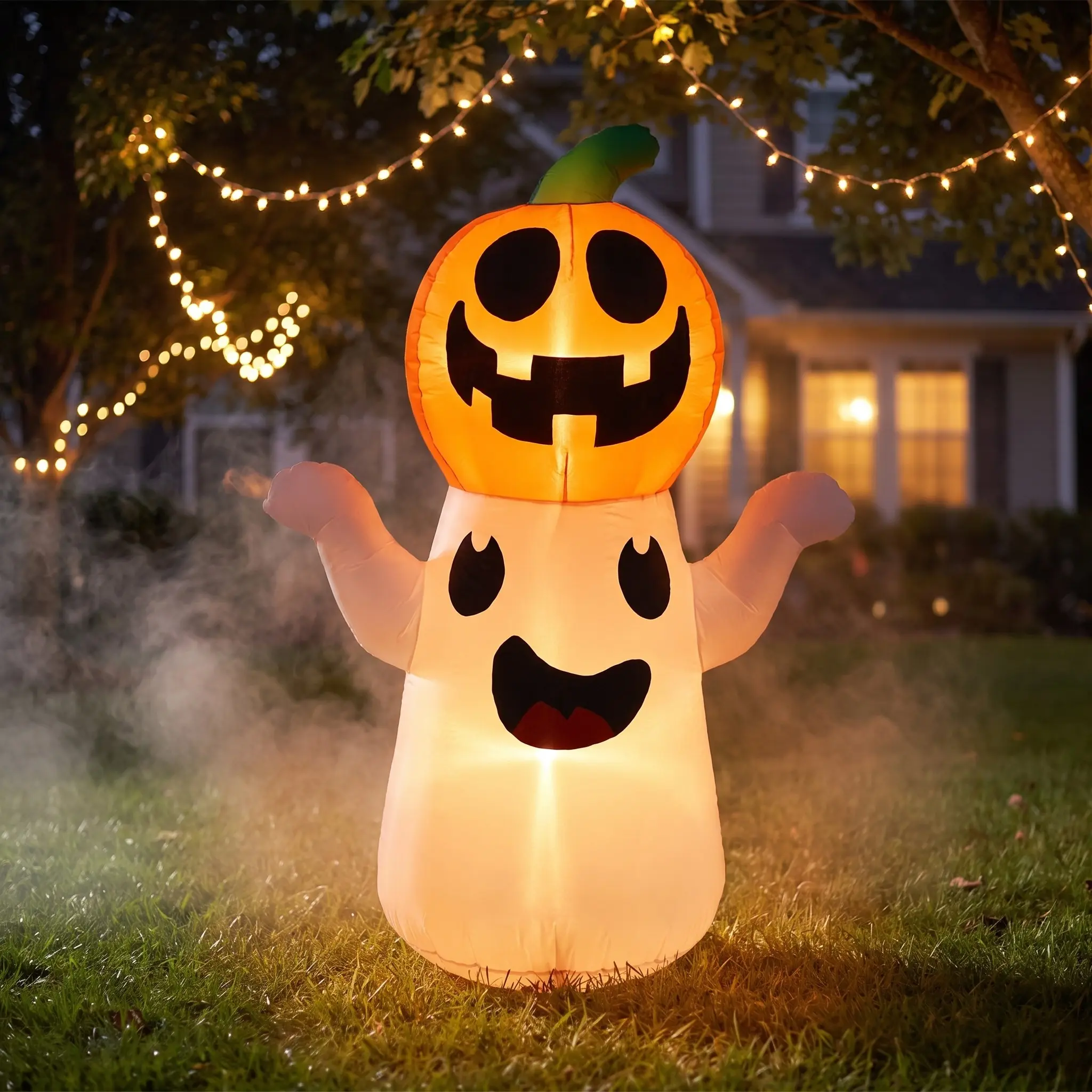 Giant Ghost & Pumpkin Inflatable, Glowing LED Spooky Yard Decor, Halloween Decoration, Outdoor Party Accessory, Model 487402844