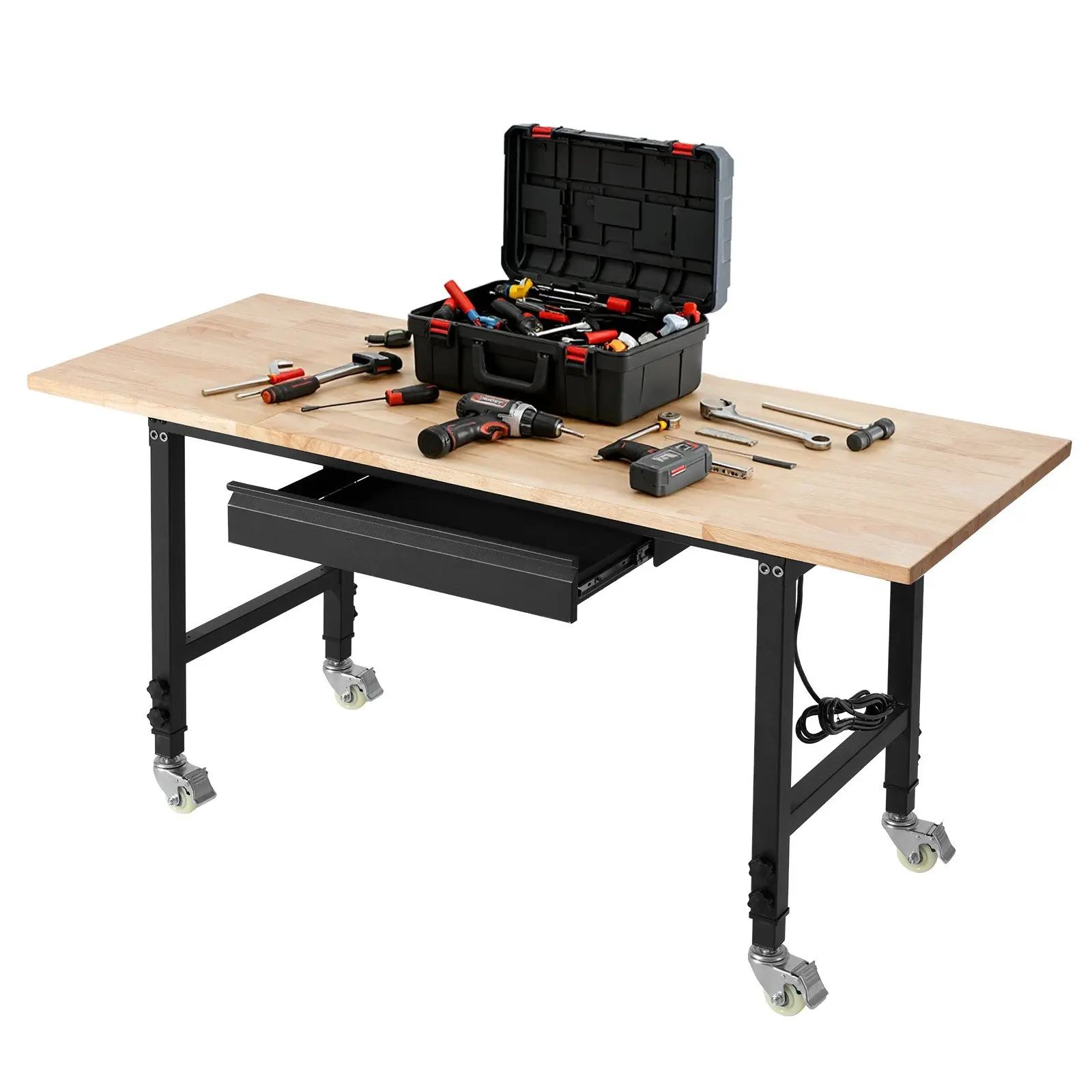 Adjustable Workbench on Wheels, 2000 lbs Capacity, 60x 24 Inch Oak Wood Top Workbench with Drawer Power Outlets, Heavy-Duty Hardwood Worktable for Garage, Workshop, Home, Office, Commercial