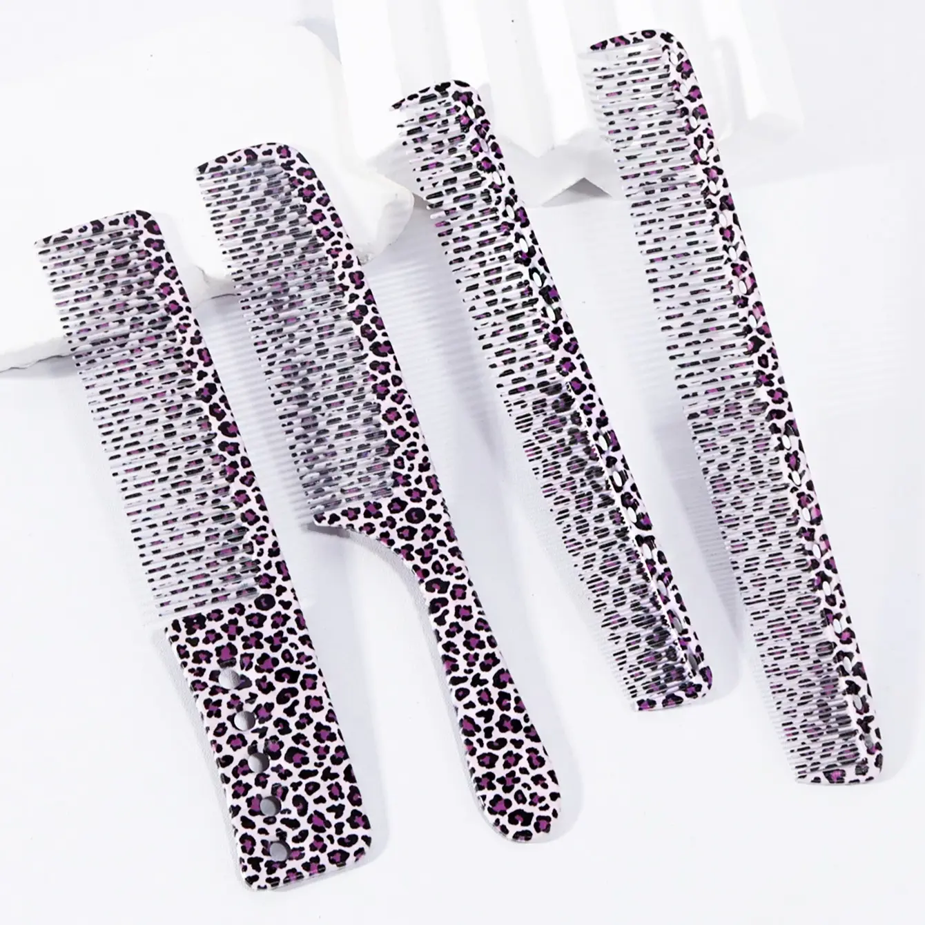 4-Piece Leopard Print Comb Set, Wide Tooth, Fine Tooth, Dual-Sided, Straight Hair Comb, Professional Barber Combs, Abs Plastic, Anti-Static, Heat Resistant