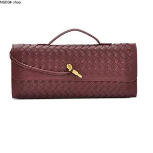 Woven Clutch Shoulder Bag Women - Trendy Burgundy Braided Faux Leather Crossbody with Gold Twist Lock & Top Handle, Lightweight Spacious Versatile Design Perfect for Daily Office Work Party & Evening Outings