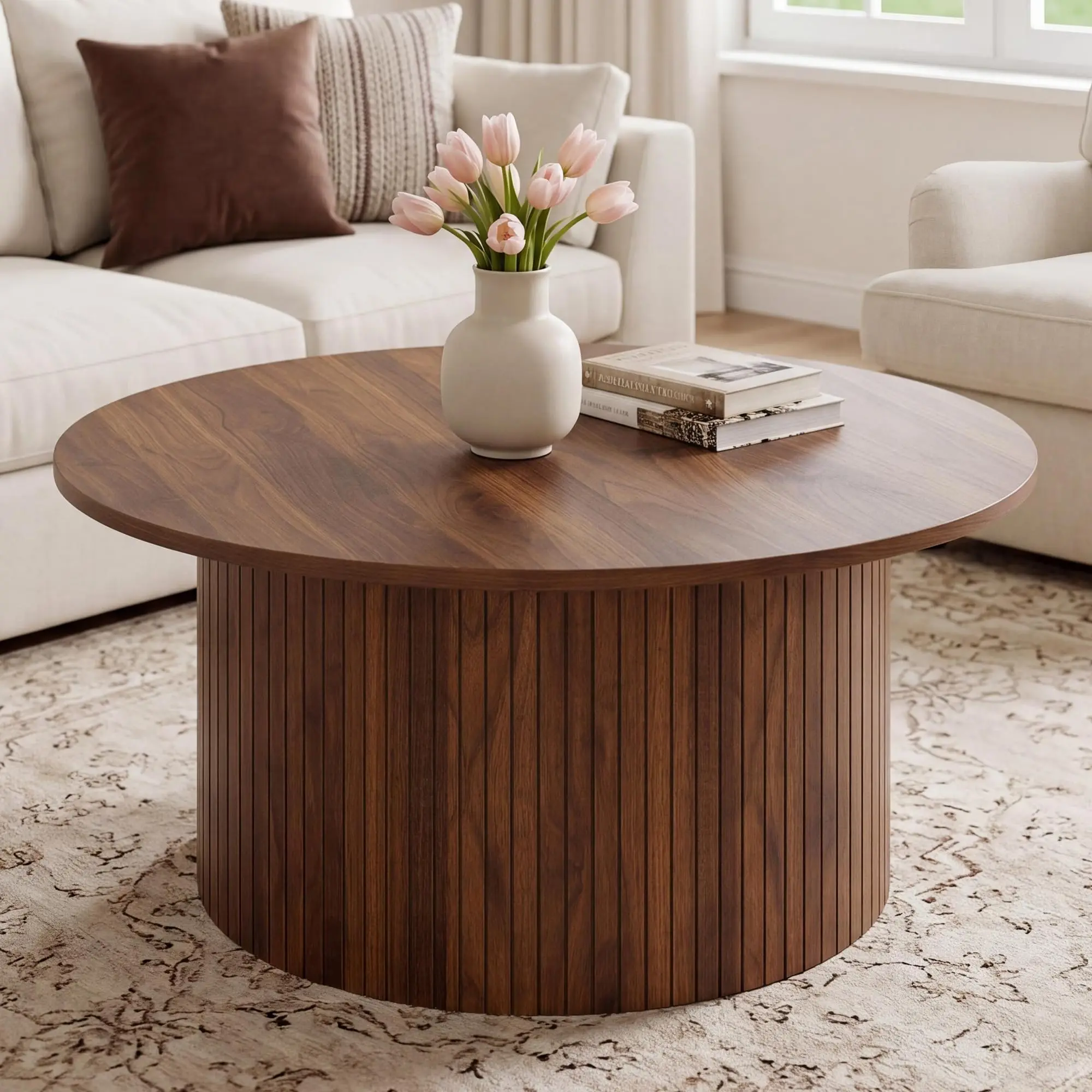 31.5" Round Coffee Table, Small Coffee Table with Fluted, Walnut