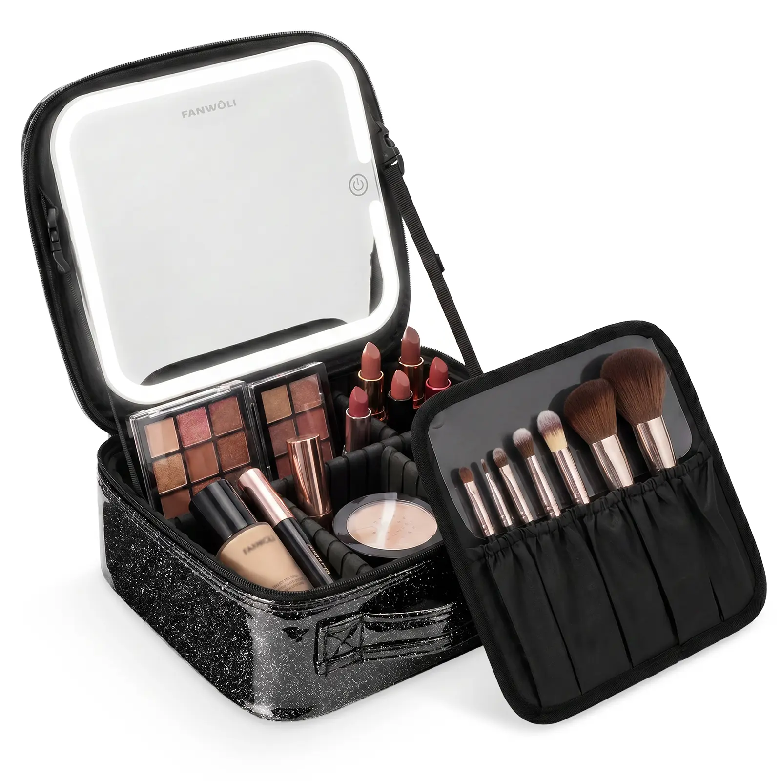 Fanwoli Dance Makeup Bag with LED Mirror, Backstage Vanity Case for Competition & Recital, 3 Light Modes, Adjustable Dividers, Type-C Rechargeable