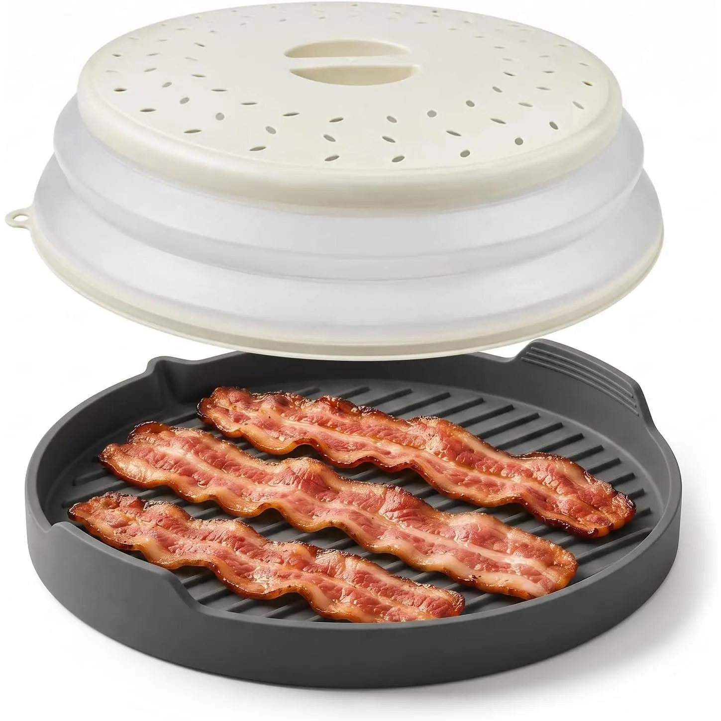 {"title":"Silicone Microwave Bacon Cooker with Cover, 11.4-Inch Bacon Tray with Pour Spout and Raised Ridges, Collapsible Vented Splatter Lid, Dishwasher Safe, for 1-2 People"}