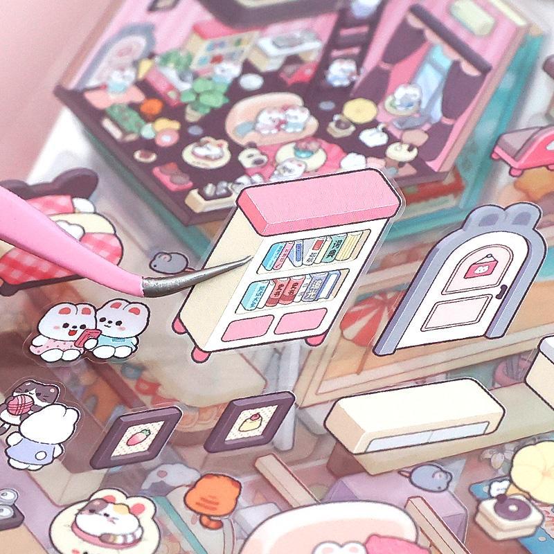 Miniature Scene Collection Book with 20 Scene Cards, 25 Stickers and 1 Tweezers, 3D DIY Decorative Sticker Book Gift Wrapping Set