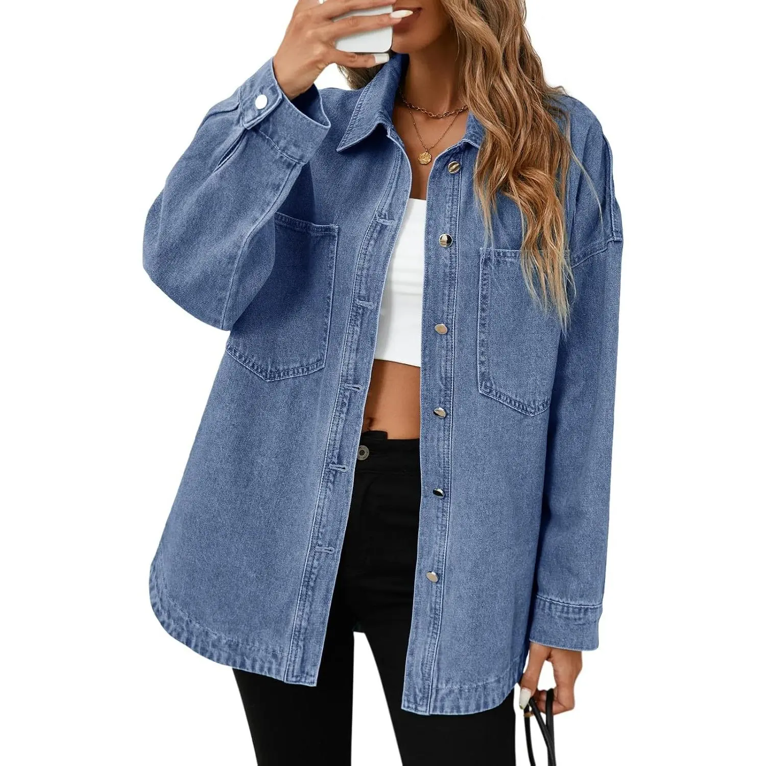 Tankaneo Womens Oversized Denim Shirt Jacket Button Down Long Sleeve Fall Casual Jean Shackets