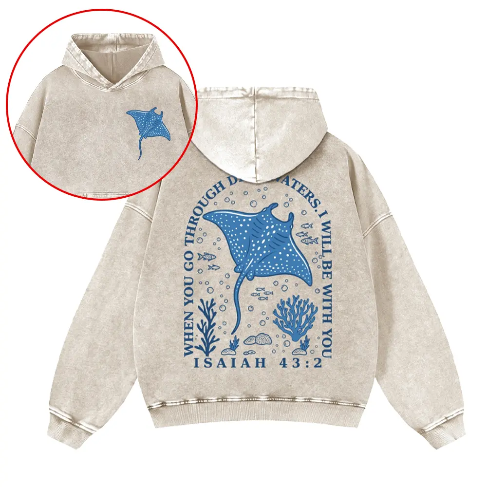 Oversized Vintage Washed Hoodie Men Women Stingray Isaiah 43:2 Christian Ocean Graphic Heavyweight Acid Wash Pullover Sweatshirt Streetwear