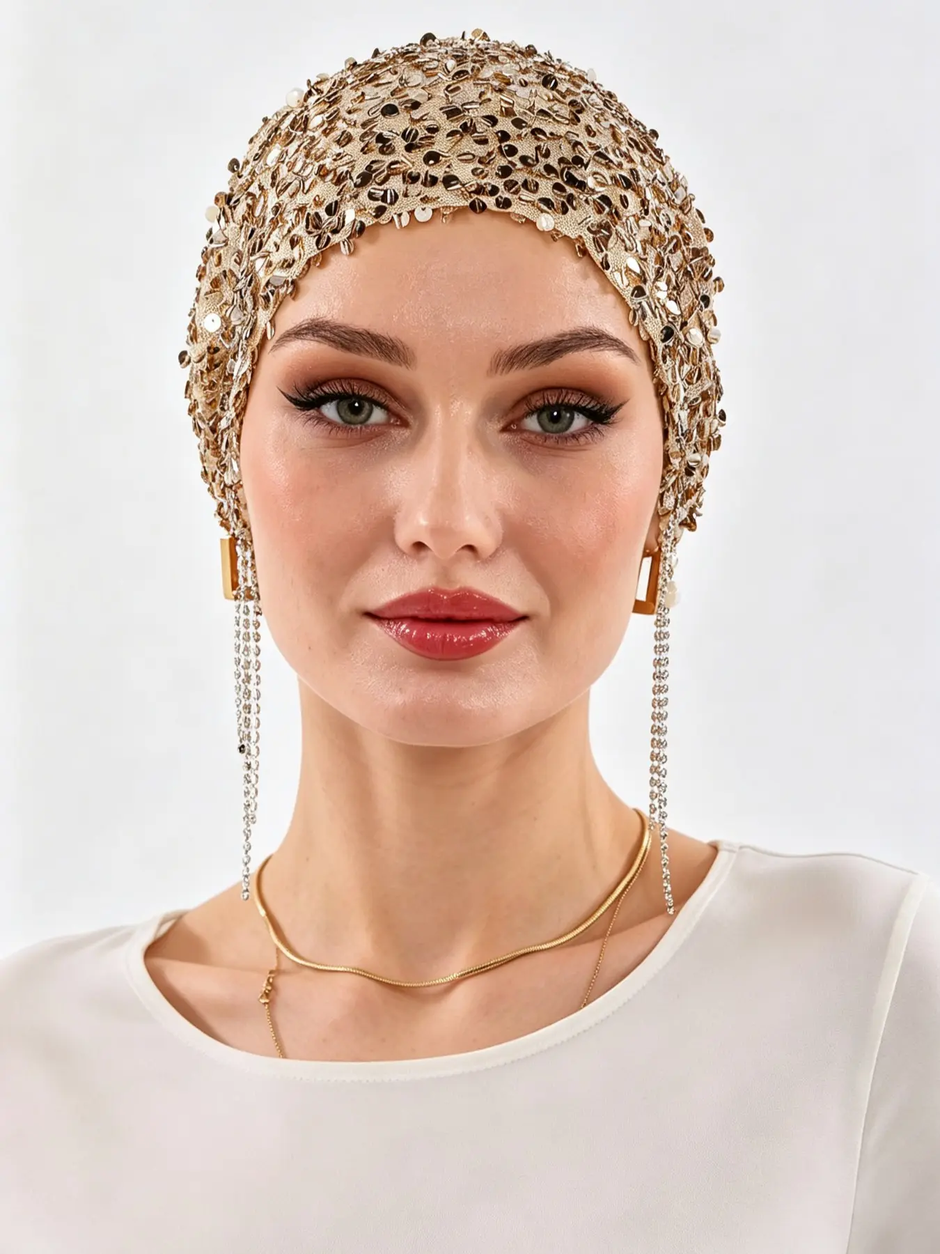 Women's Geometric Rhinestone Headscarf Hat, Jersey Hijab with Beaded Fringe, Ramadan Fashion, Boho Style, Evening Wear, Unlined