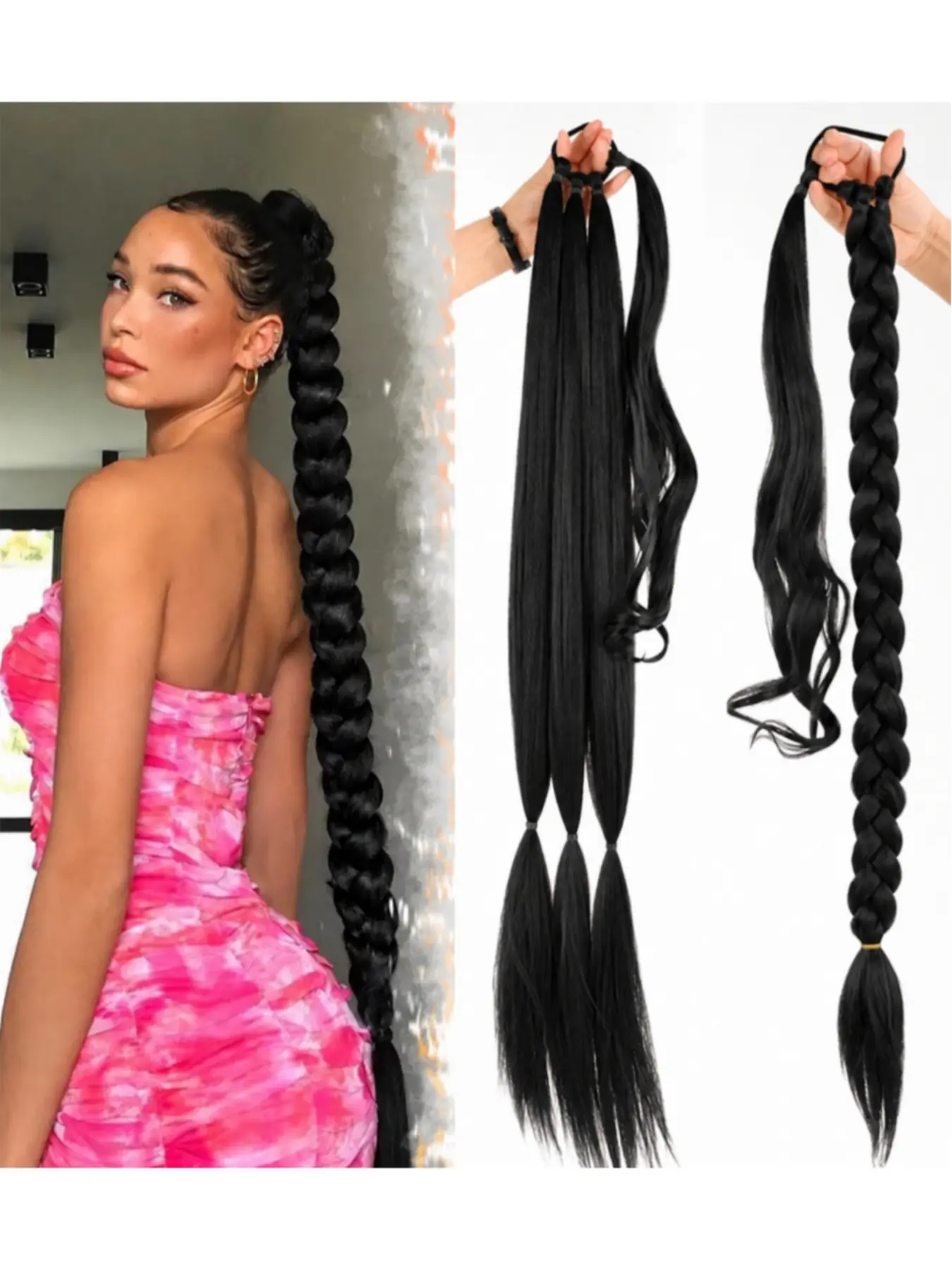 32 Inch Braided Ponytail Extension for Women, 3PCS Synthetic Wrap Around Hairpiece with Hair Tie, Long Sleek Braid Ponytail Hair Extension, Natural Looking Volume Hairstyle