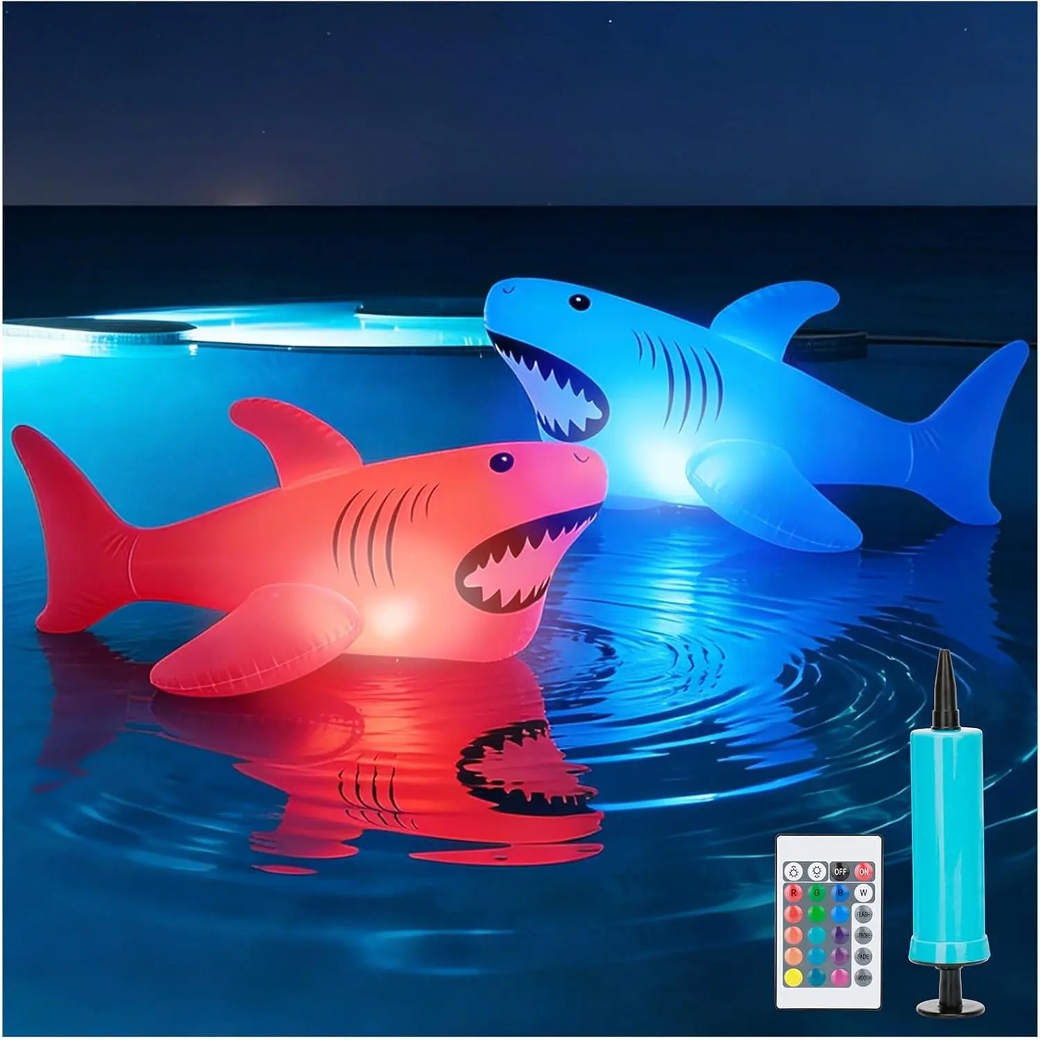 40inch Solar Powered RGB Inflatable Shark Pool Floating Light, IP68 Waterproof, 16 Colors, for Above Ground Pools, Outdoor Swimming Pool Decorations