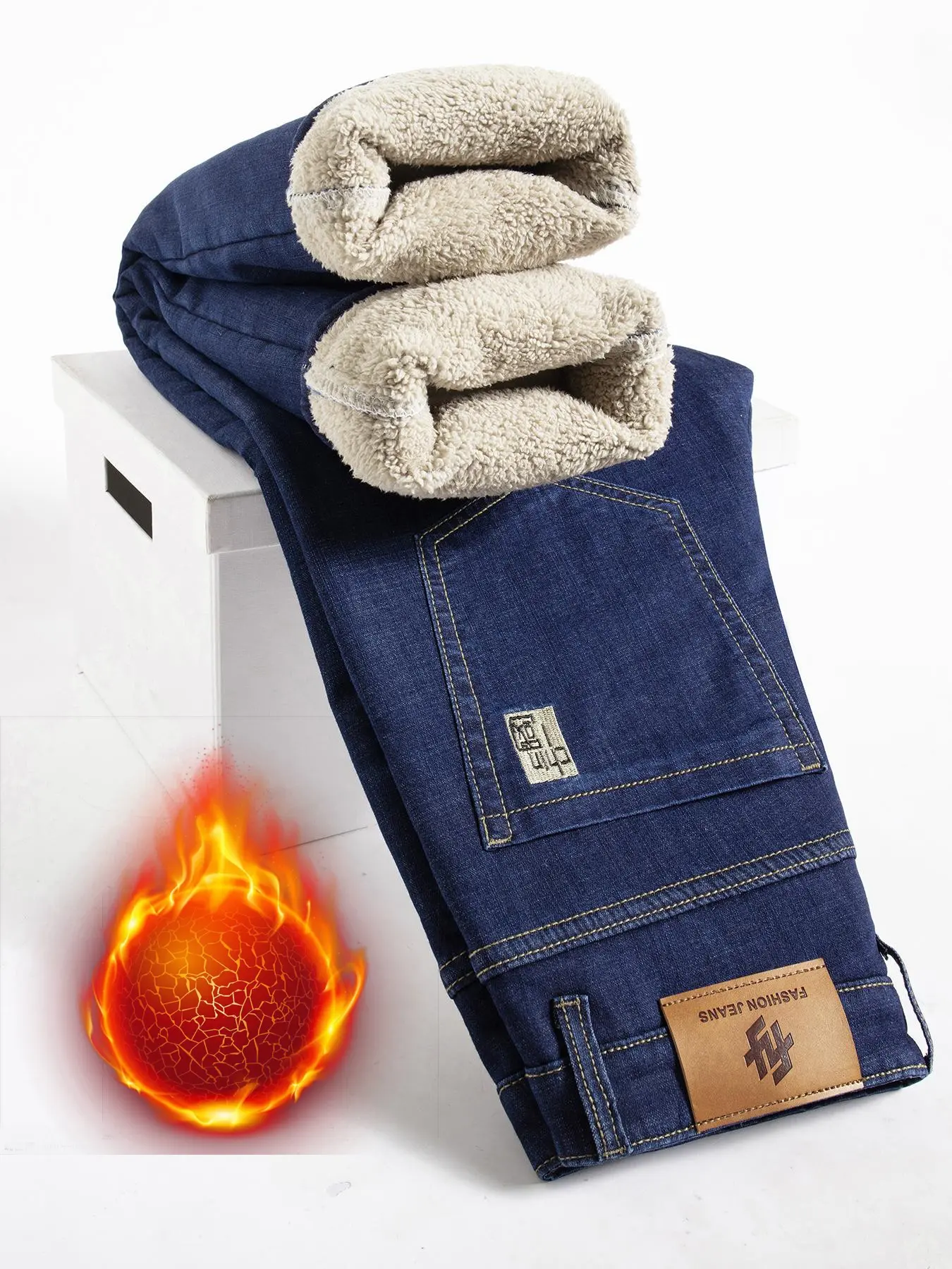 Men's Fleece Lined Jeans, Winter Slim Straight Leg, Thick Warm Casual Pants, All Seasons Loose Fit Street Style, Fashion Jean Bottoms