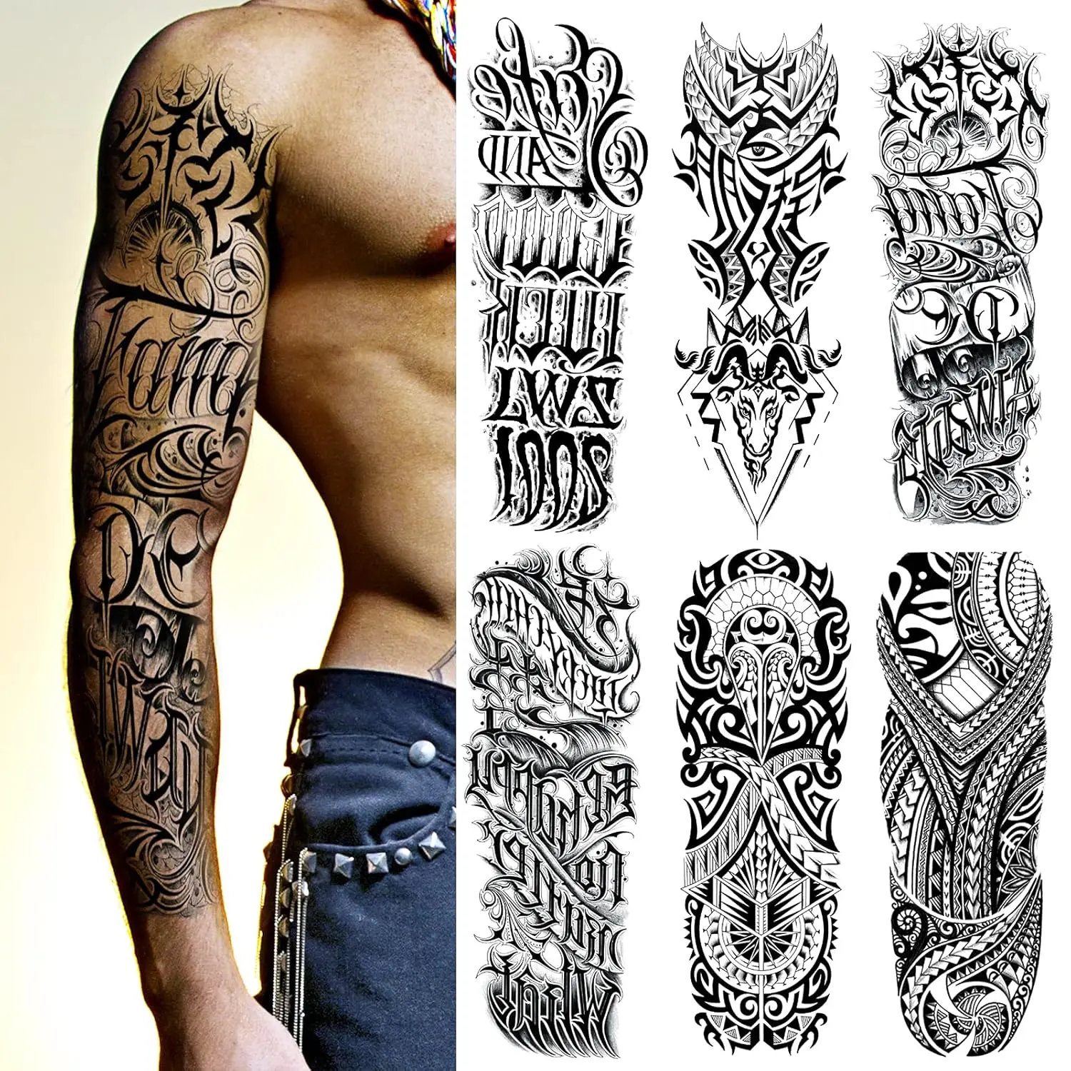 6 Sheets Large Tribal Totem Temporary Tattoo Sleeves - Temporary Sleeve Tattoos for Men and Women, Realistic Fake Tribal Tattoos Sleeves for Cosplay and Halloween