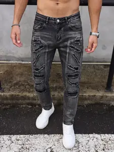 Men's Elastic Jeans Silver Color Slim Fit, Fashionable Multi-Process Design, Daily Wear, Suitable for All Seasons, Button Fly Closure