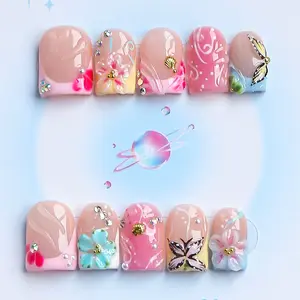 Nailssbysheccid, 10pcs press-on nails, Handmade wearable nails, square shape, 100% handmade, simple French style, French Nail Art, 3D, suitable for family dinners, dates, weddings, gift for girls, Comes with jelly glue, crystal sticks and twisting rods