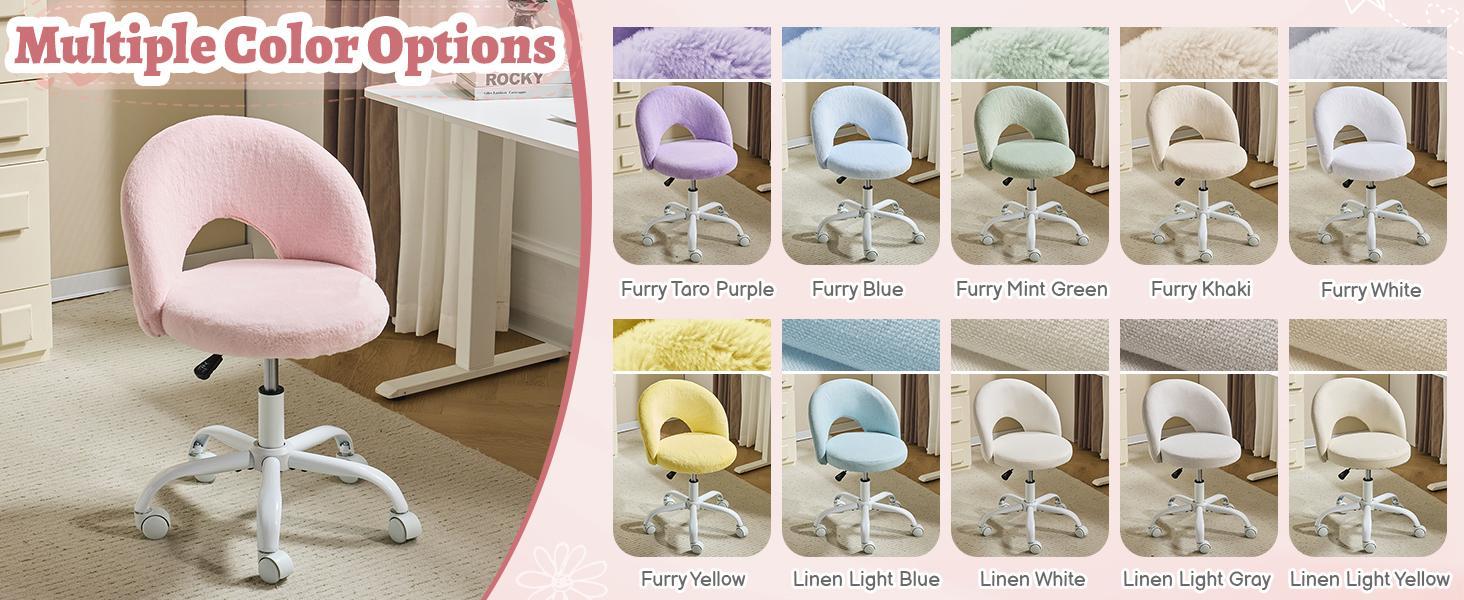 VINGLI Small Vanity Chair with Faux Fur Wheels for Girls,Cute Adjustable Height Armless Office Desk Chair,360°Swivel Comfy Rolling for Study,Make up Room,Small Space