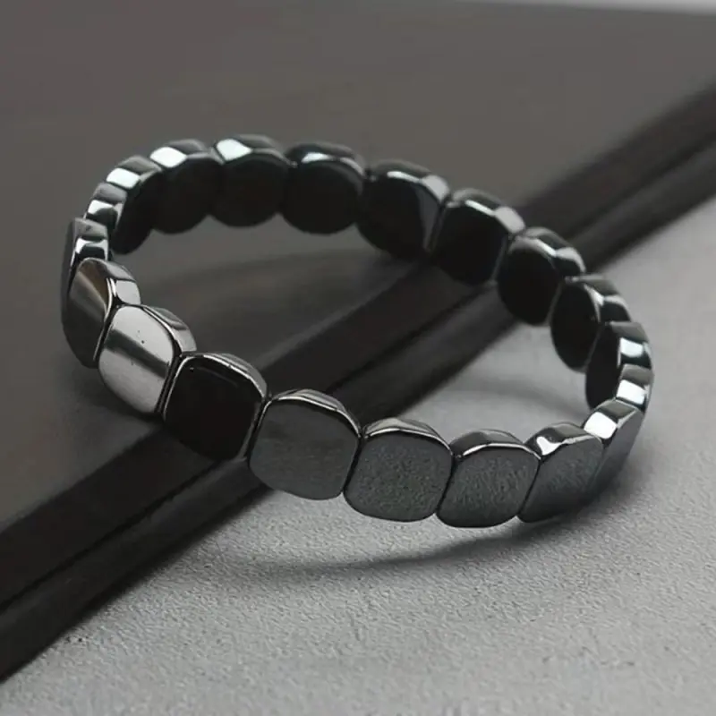 Natural Brazilian Matte Black Hematite Magnetic Beaded Bracelet, Elastic Stretch Couple Matching Wrist Jewelry, Minimalist Daily Street Accessory Gift For Boyfriend Husband Magnetic Bracelet Hematite Jewelry Couple Bracelet Mens Wristband Stone Gift