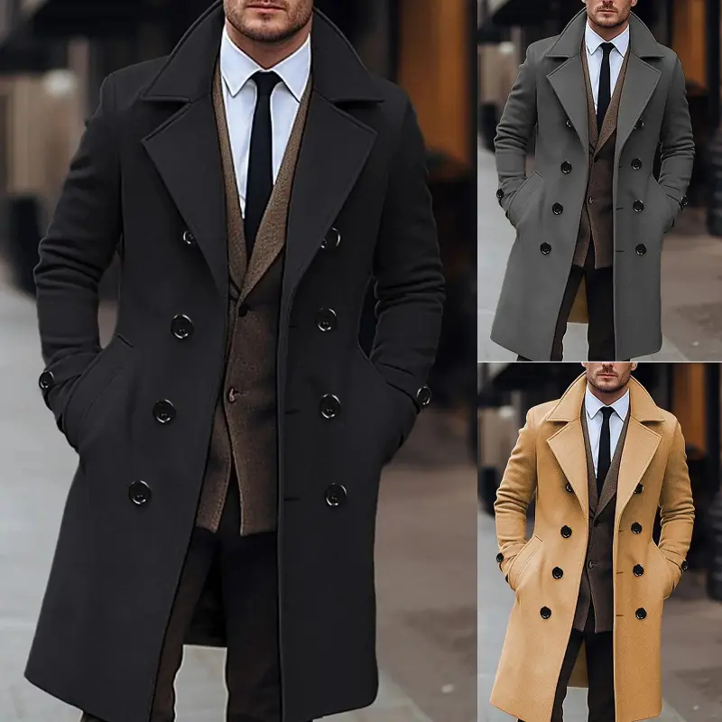 Mens Trench Coat Notch LapelFit Double Breasted Wool Blend Long Pea Coat Winter Warm Overcoat
