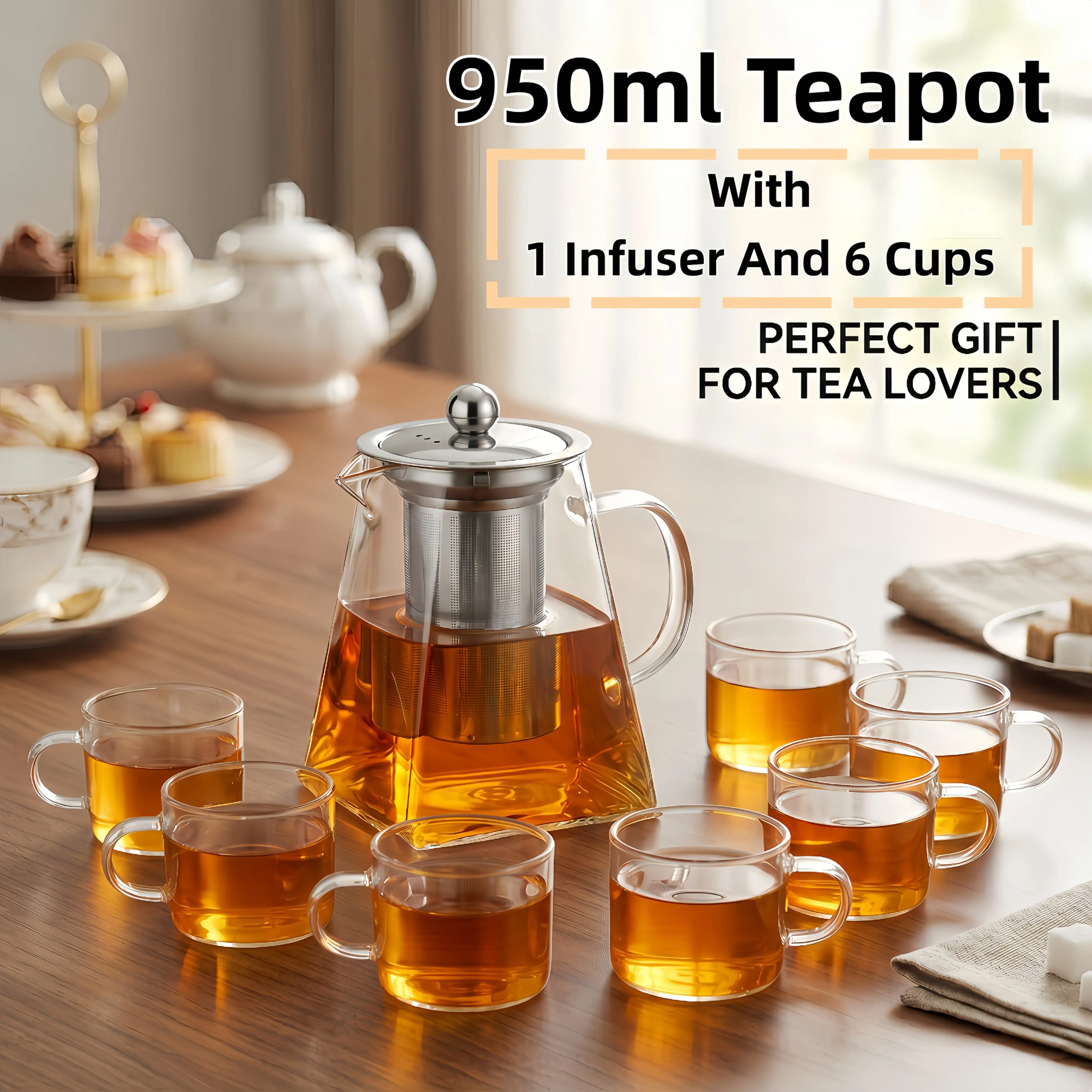 [Perfect Gift] 950ML Teapot with 6 Cups And 1 Infuser, High-Temperature Resistant Glass Teapot with Handle, Stovetop Safe Glass Teapot, Large Capacity for Herbal Tea, Black Tea, And Flower Tea - Ideal for Home Use, Perfect Gift for Tea Lover