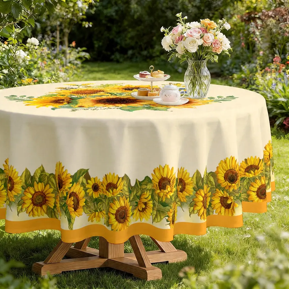Sunflower Print Round Tablecloth, 120g/m² Thickened Twill Material, Polyester Faux Suede, Kitchen Dining Party Decoration, Holiday Party Gift, Party Decoration Supplies