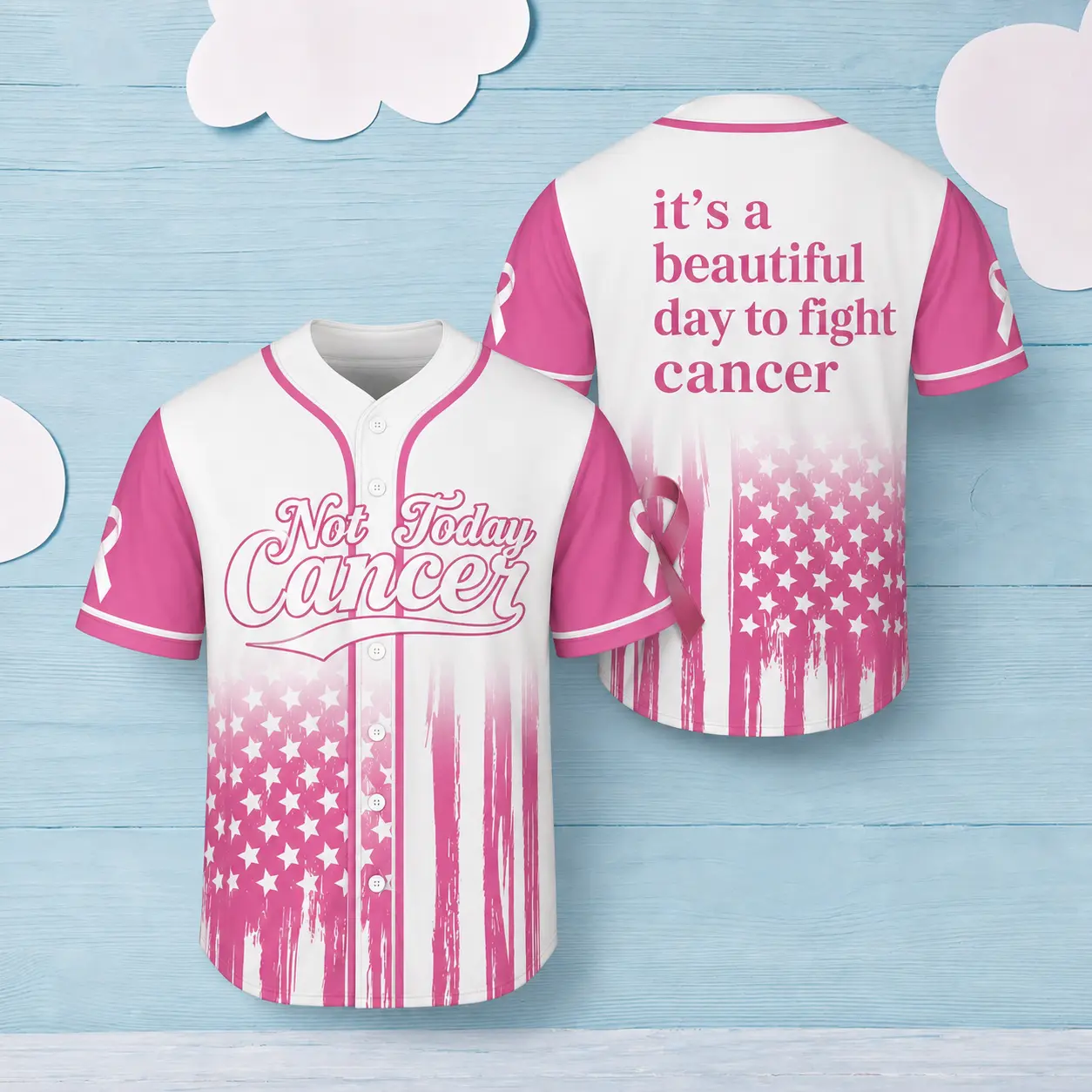 Breast Cancer Awareness Baseball Jersey – Pink Ribbon, Stars & Stripes Pink baseball shirt, with the "Beautiful Day Fighting Cancer" print, a breast cancer prevention support gift