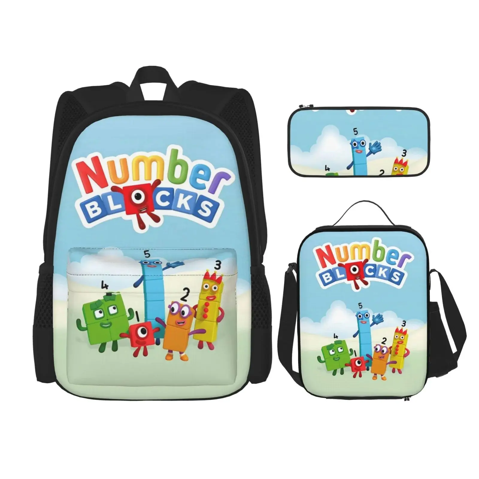 Kids' 3-Piece Numberblocks Cartoon Print Backpack Set, Durable Water-Resistant School Bag with Lunch Box & Pencil Case, Lightweight, Large Capacity, Breathable Padded Straps for Preschool & Outdoor Travel