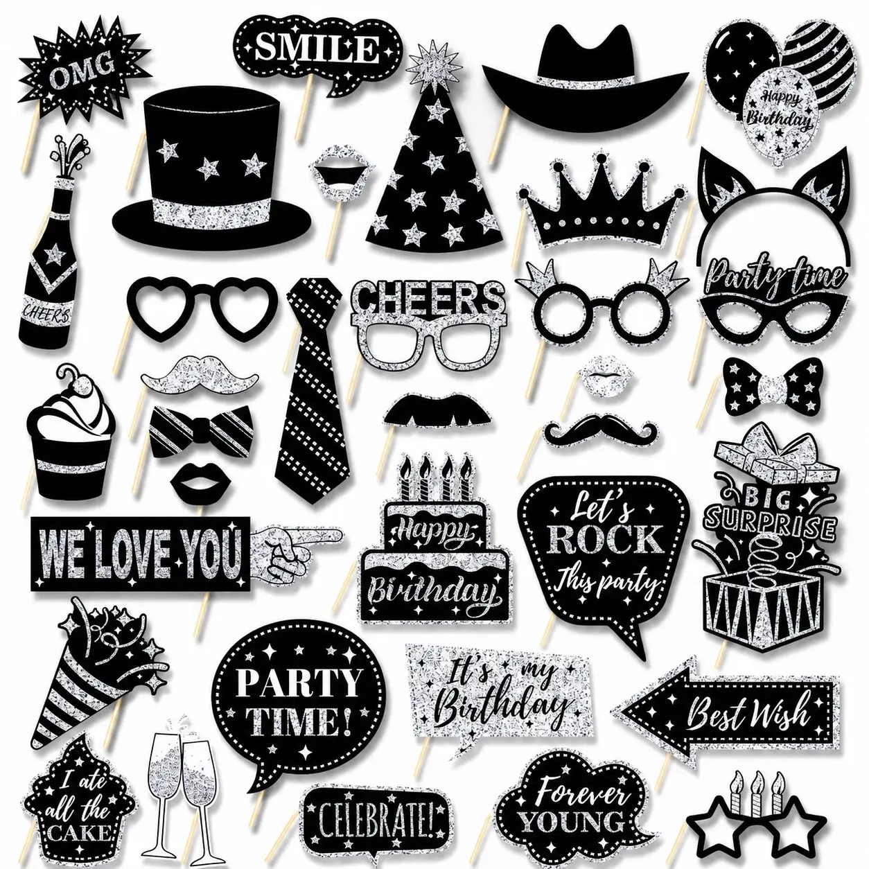 Party Decoration Set, Black Silver Birthday Party Photo Booth Props 36PCS, Handheld Props Kit for Wedding / Birthday / Graduation / New Year Party Decorations, Funny and Aesthetic Party Accessories, Premium Glam Party Photo Props for Perfect Shots