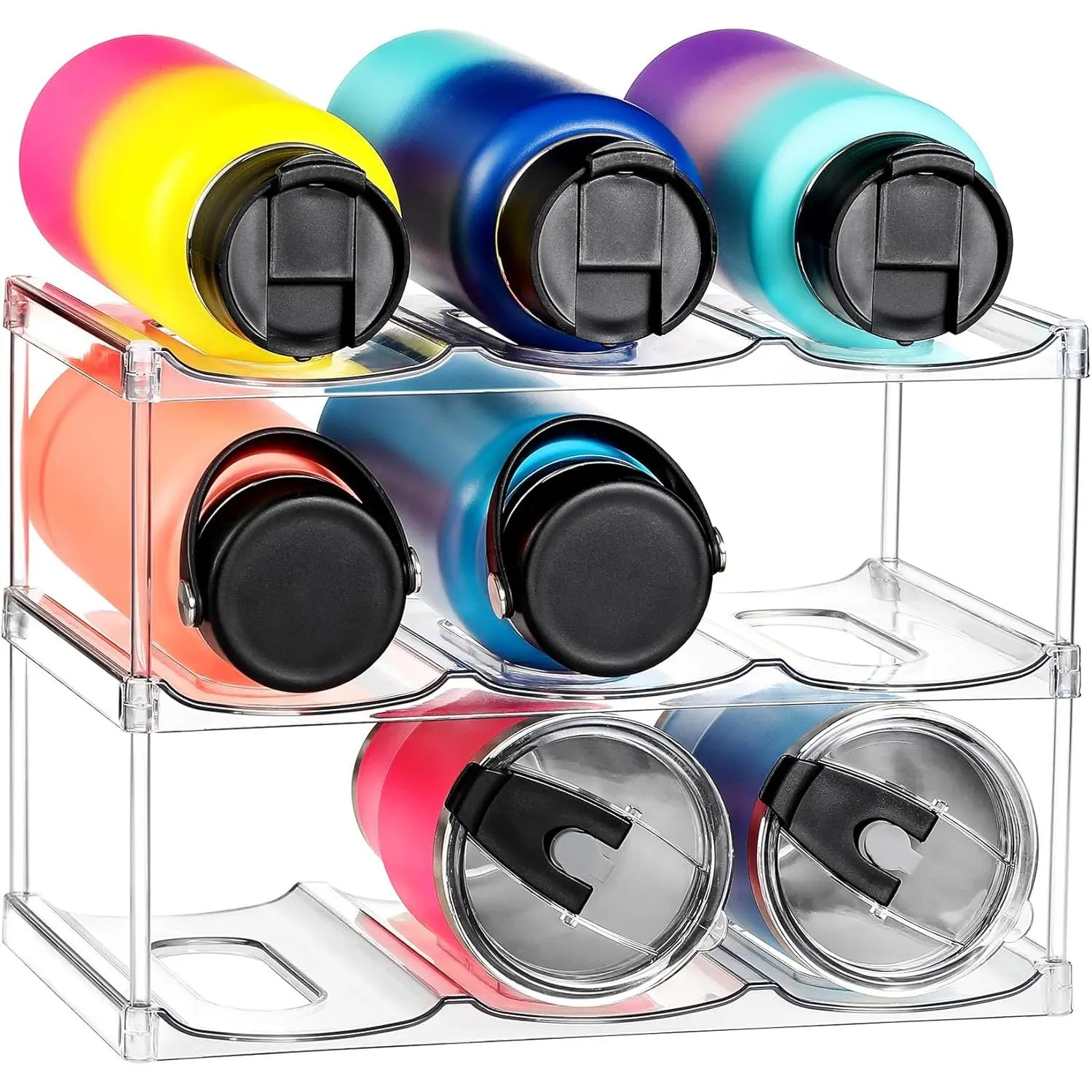 LARGER Compartment Stackable Water Bottle Organizer Holder for Stanley & Others' Large Tumbler Clear Wine Rack Cup Bottle Holder for Cabinet Home Countertop Fridge Pantry Shelf 3 Tier Hold 9