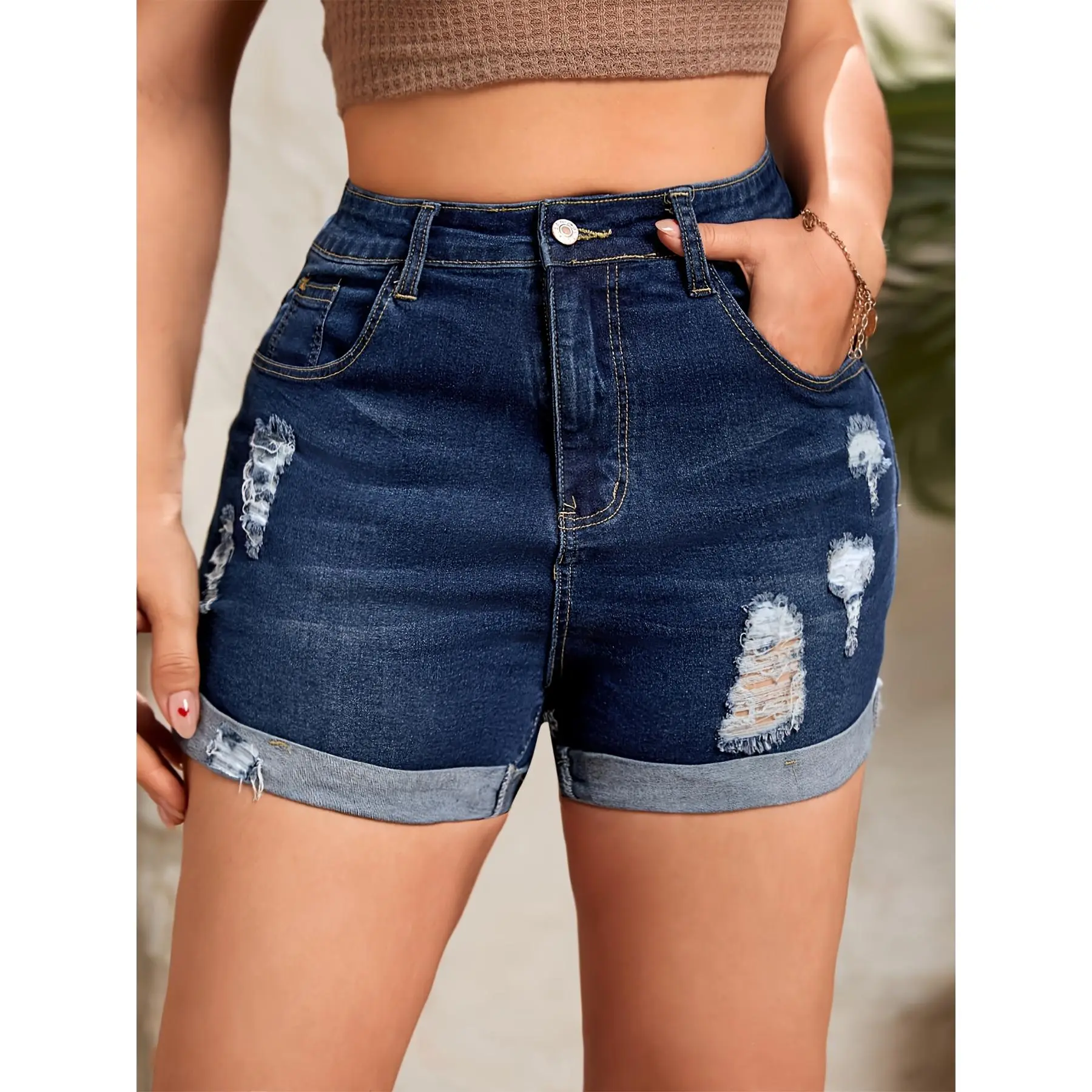 Women's Ripped Stretch Denim Roll-Up Shorts