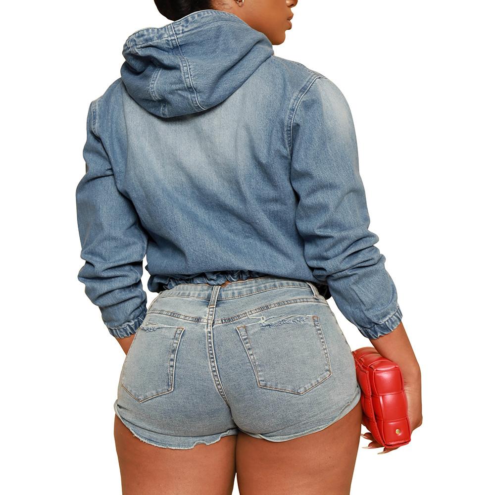 2026Women'S Half Zip Denim Hoodie Pullover Jacket Jean Tops..