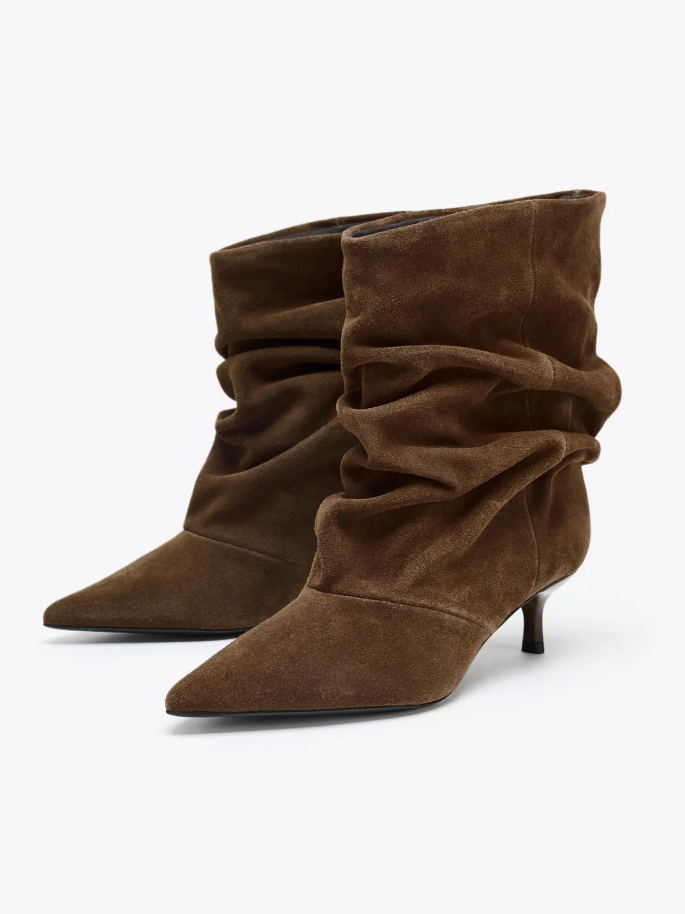 Slouchy Ruched Mid-Calf Boots for Women, Pointed Toe Kitten Heel, Faux Suede, Casual Style, Fall & Winter, Office & Party Wear